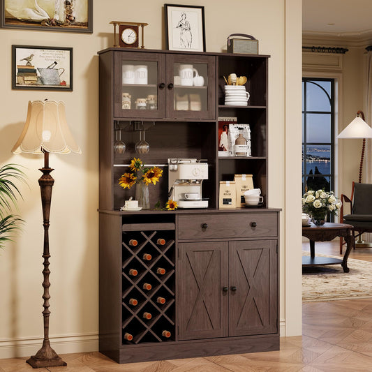 Coffee Bar Cabinet with Power Outlet & Exquisite Barn Doors, Sideboard Buffet Cabinet with Wine Bottle Rack, Storage Cabinet for Kitchen, Dining Room