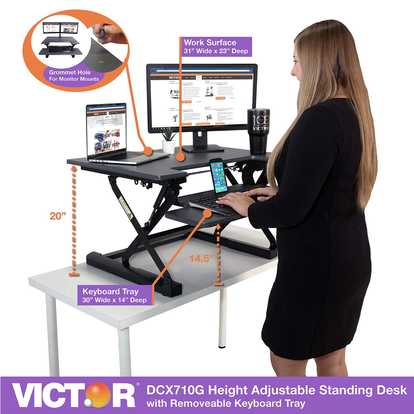 Victor DCX710G High Rise Collection Height Adjustable Standing Desk with Keyboard Tray (Gray) - Sturdy Steel Frame, Dual Lever Release System, 2 Tiered Wooden Work Surface and Keyboard Tray, 31 Inches