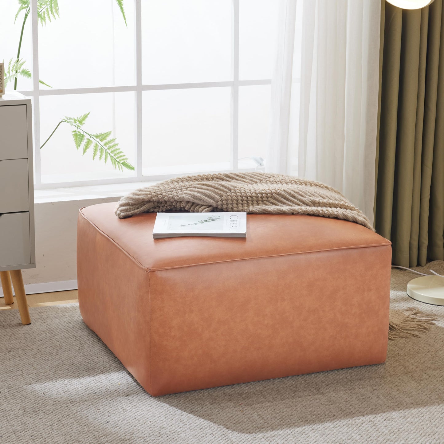 Merax 30" Square PU Leather Ottoman, Modern Sofa Foot Rest Faux Multifunctional Extra Seat, Side Table, Accent Piece Footstool for Living Room Bedroom,Brown+Tan