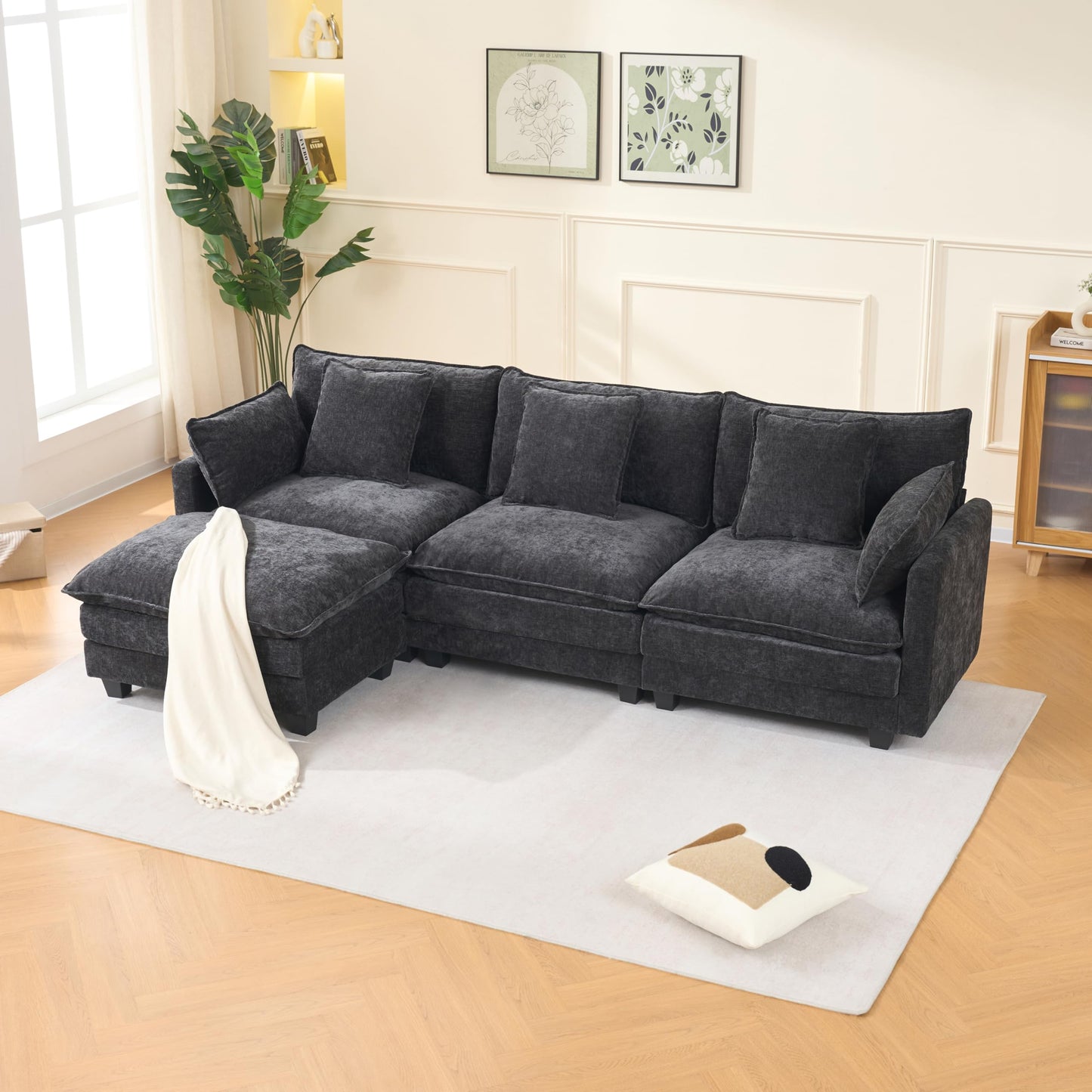 KEIKI 102" Modular Sectional Sofa with Storage Ottoman, L Shaped Convertible Couch with Movable Chaise Lounge, Linen Fabric Comfy 3 Seat Sleeper Sofa for Living Room Large Apartment Bedroom, Black