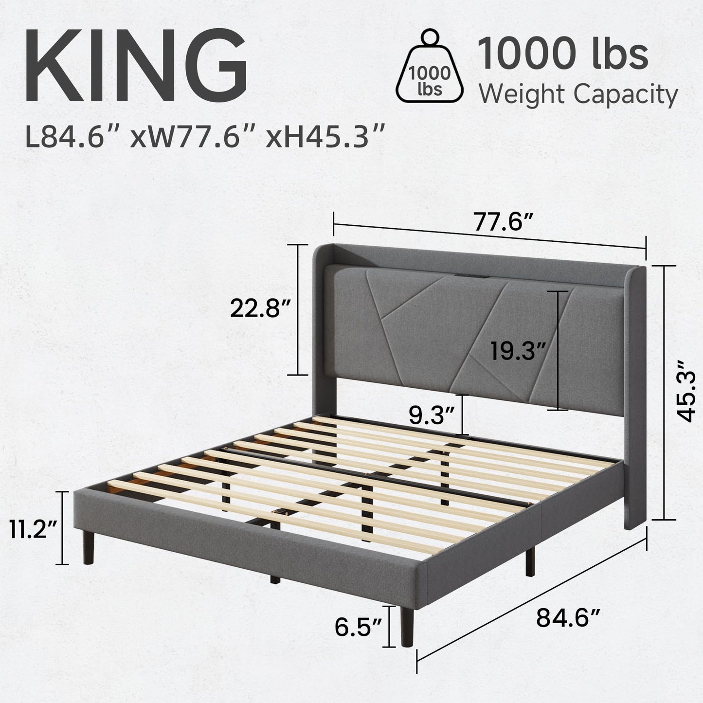 King Size Linen Bed Frame, Storage Headboard with Charging Station, Upholstered Platform Bed with Wooden Slats Support, Solid and Stable, Noise Free, No Box Spring Needed, Easy Assembly, Gray