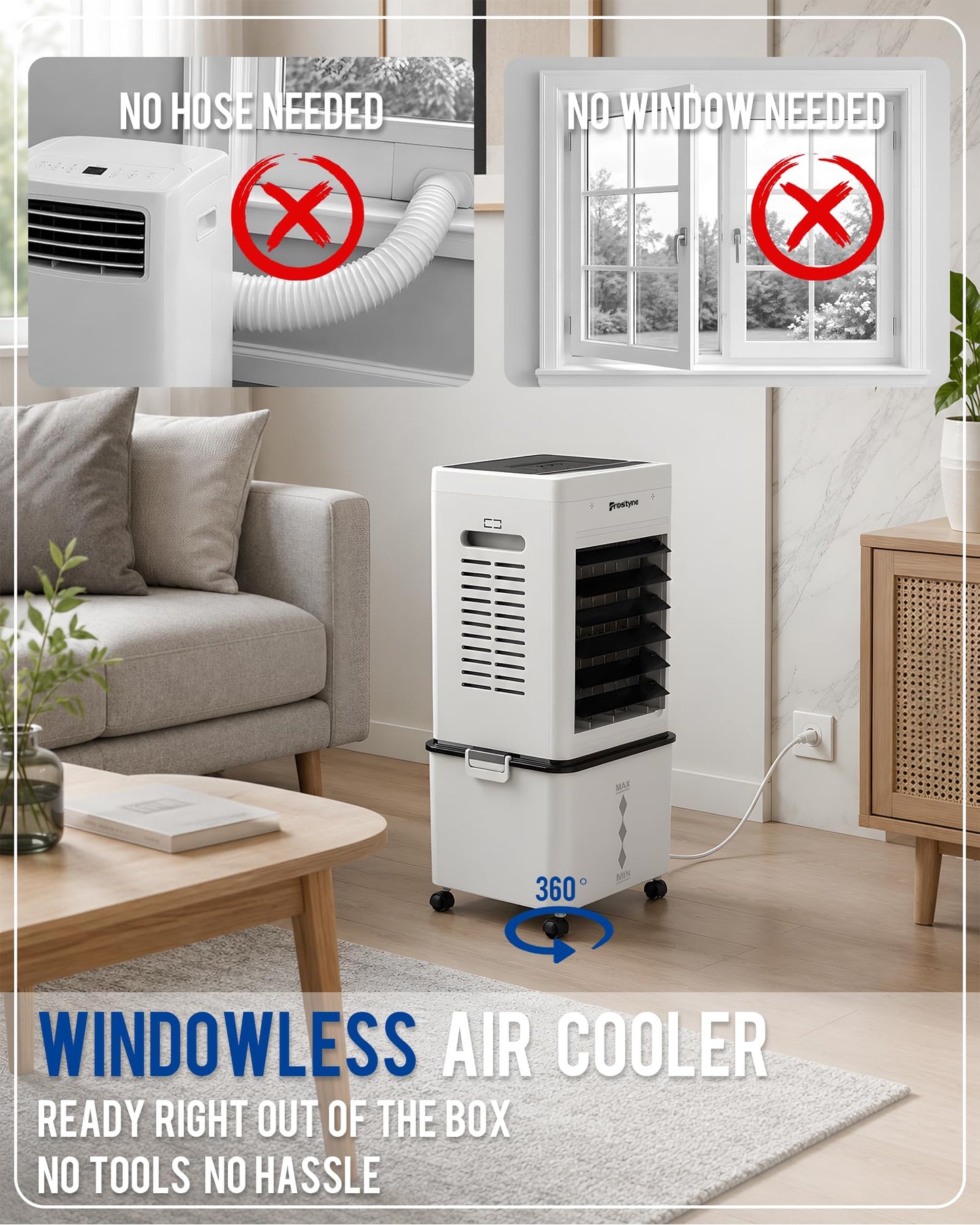 Frostyne Portable Evaporative Air Cooler w/Humidifier – 3Ga Water Tank, 10 Ice Packs, 6 Speeds & 4 Modes, Timer & Remote, Windowless Portable Fan for Bedroom, Home, Office,Black
