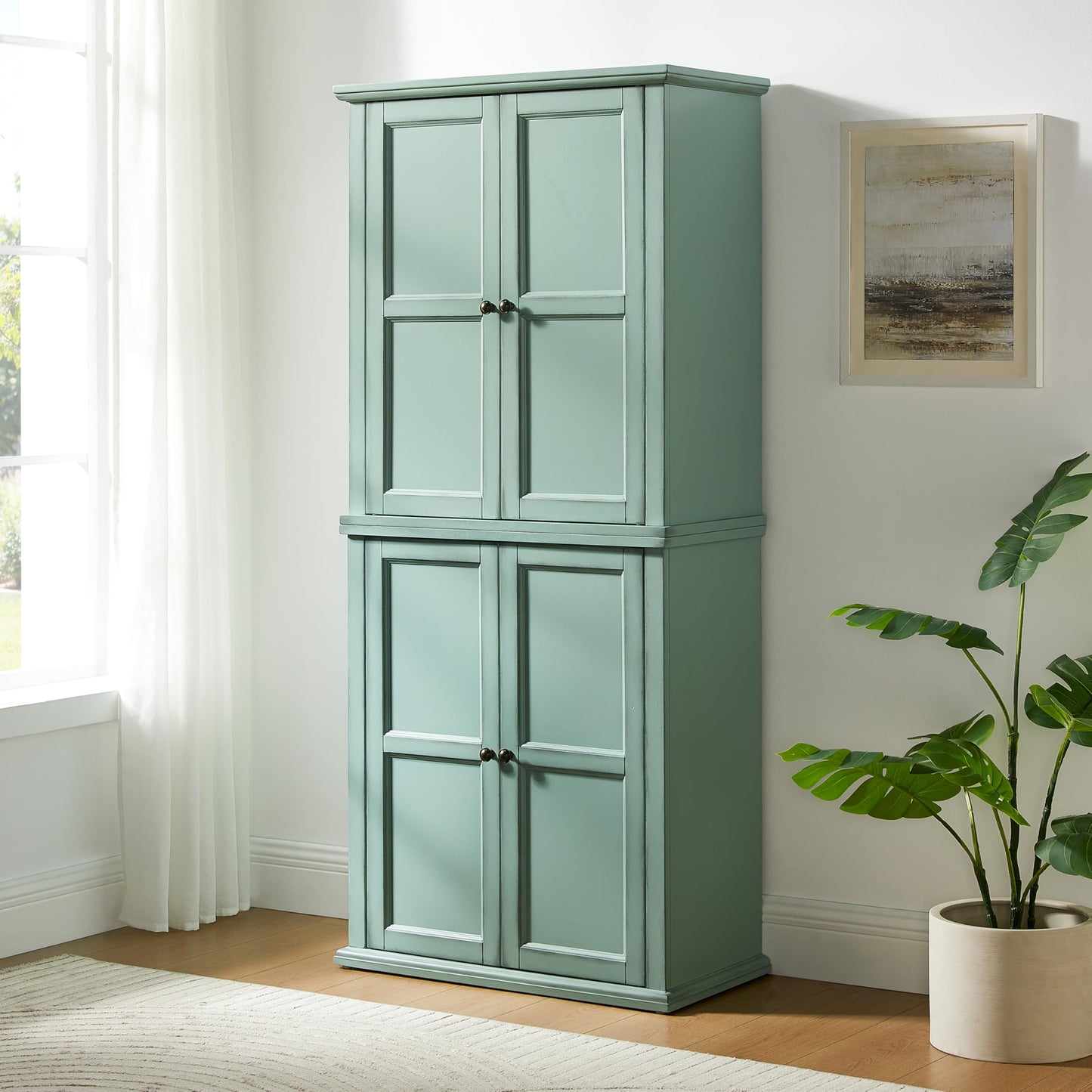 Crosley Furniture Holbrook Traditional Tall Kitchen Pantry, Laundry Room Cabinet, Bathroom Storage Cabinets, Distressed Seafoam Blue