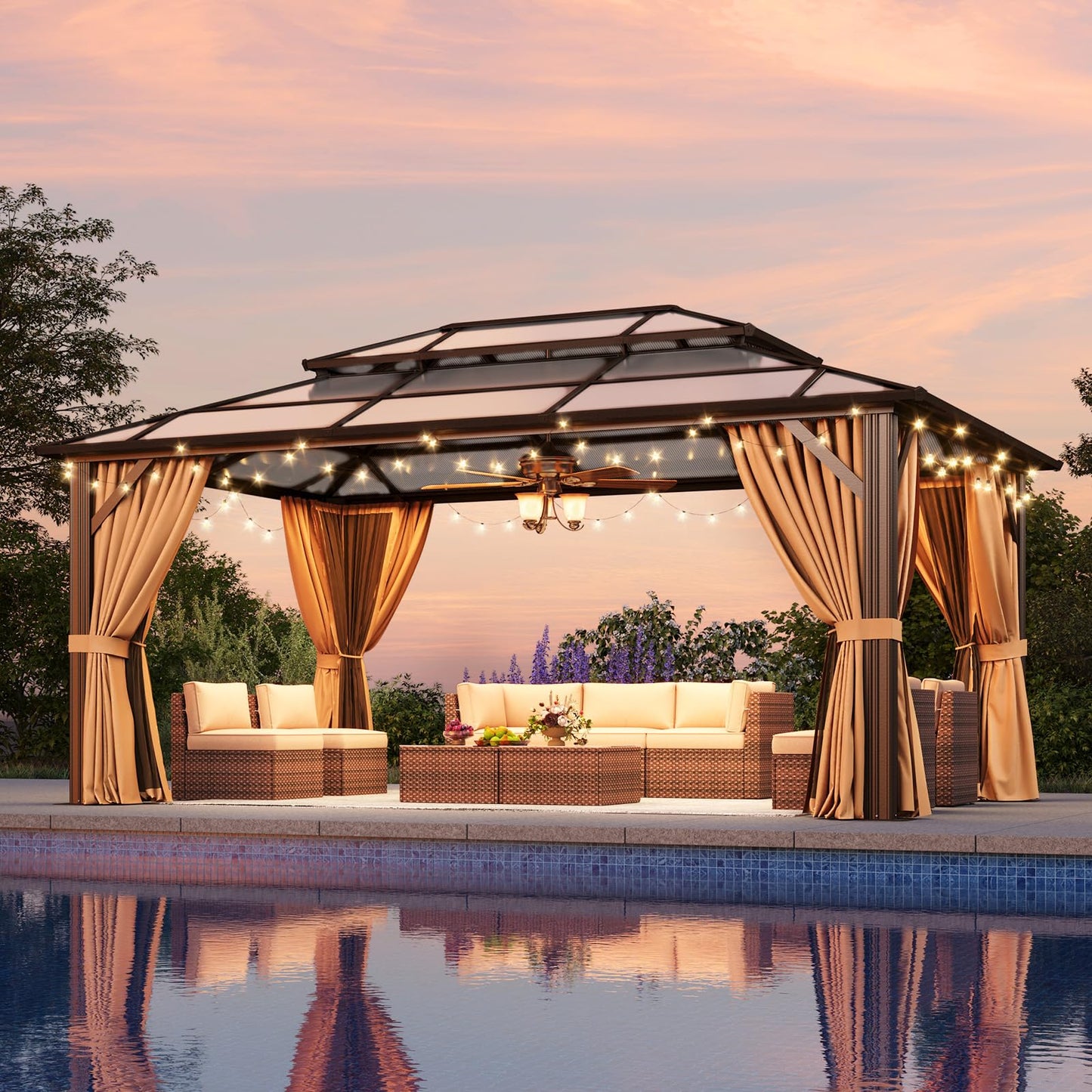 Aoxun 12'x16' Hardtop Gazebo, Outdoor Metal Gazebo with Double Polycarbonate Roof Canopy, Permanent Pavilion with Netting and Curtains for Lawn, Garden, Patio (Brown)