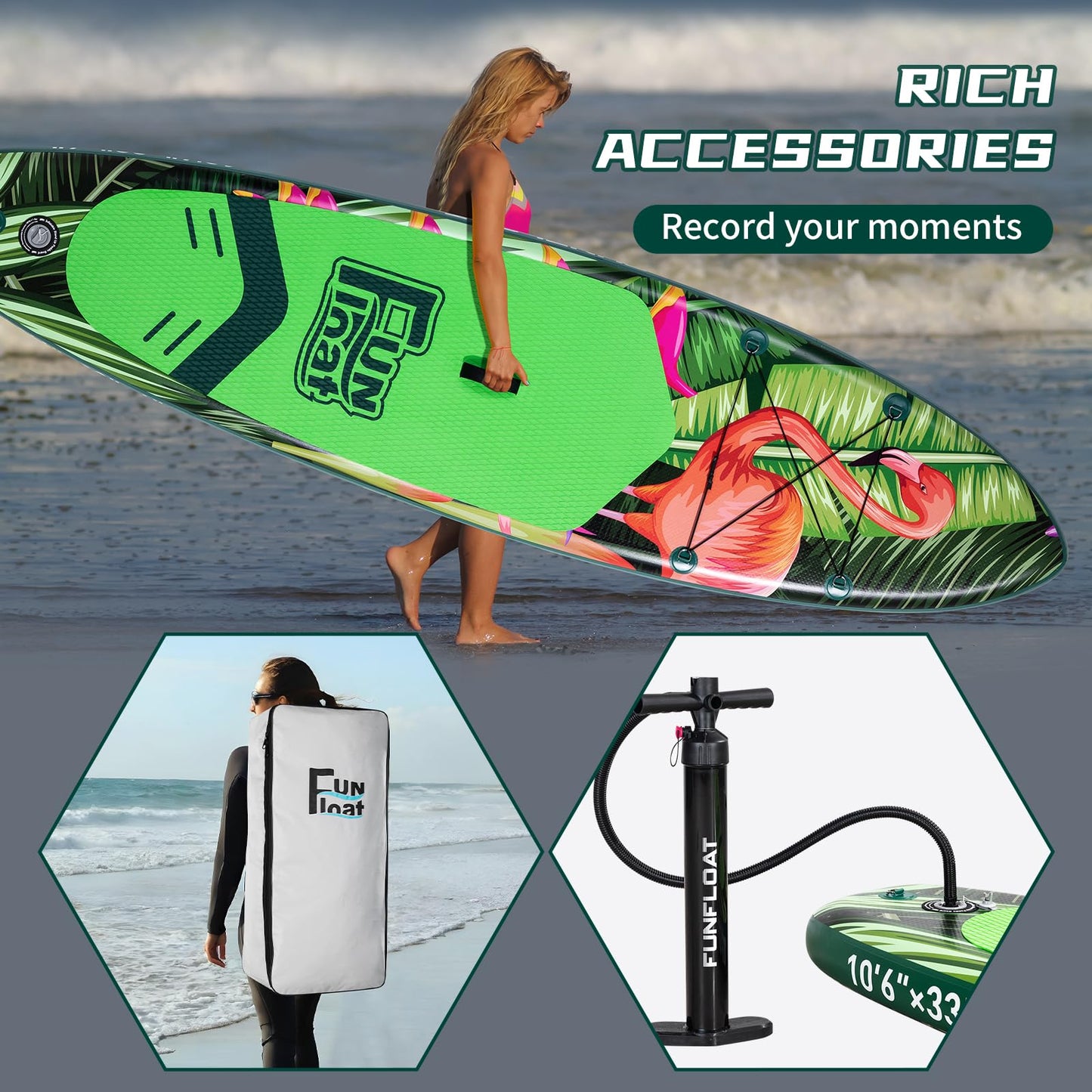 Fun Float SUP, Paddle Board 11'x33 x6 Wide Inflatable Stand Up Paddle Board with Hand Pump, Leash, Adjustable Paddle for Basic Version, 100L Backpack, All-Round Sup Board, Flamingo