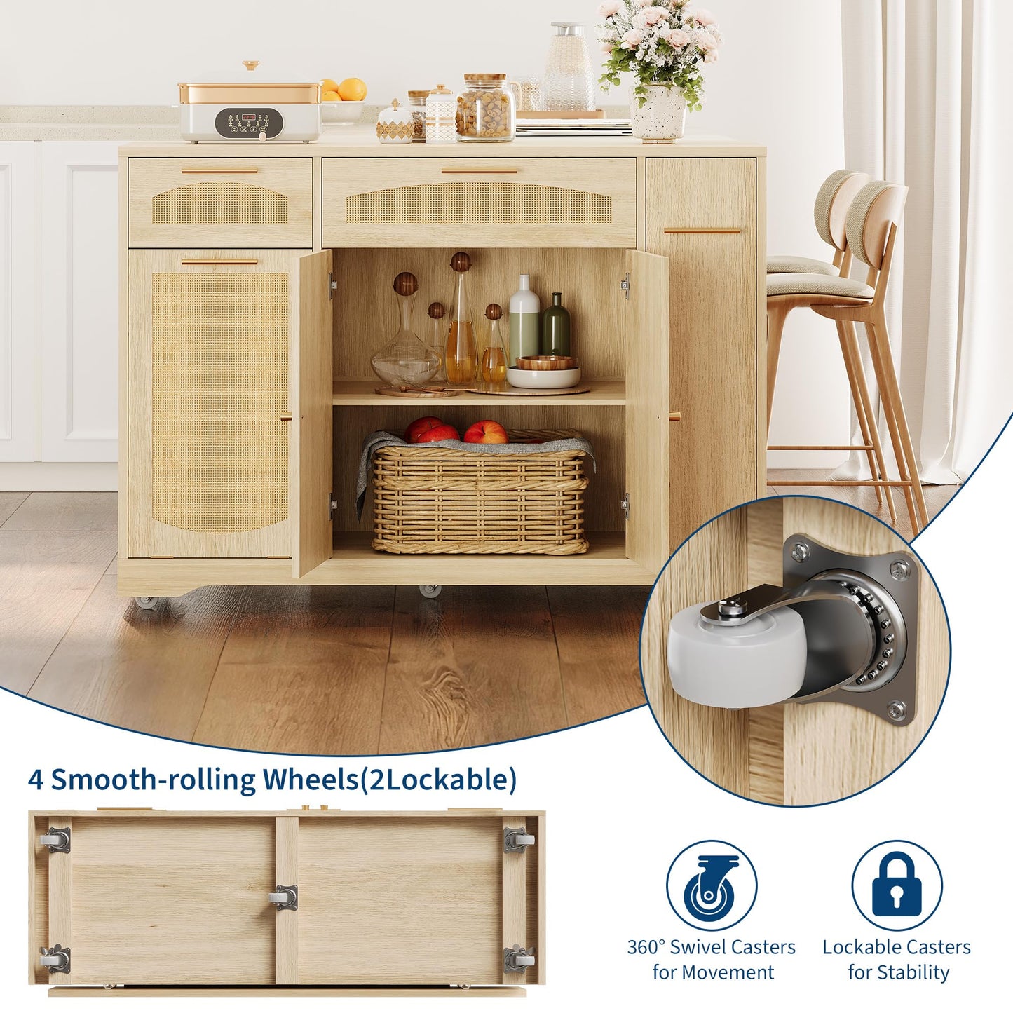 GAOMON 53.1" Kitchen Island on Wheels, Rattan Rolling Kitchen Island Cart with Drop Leaf Breakfast Bar, Tilt Out Trash Can Cabinet, Storage Cabinet, Drawer, Tower Rack, Kitchen Cart (Natural)