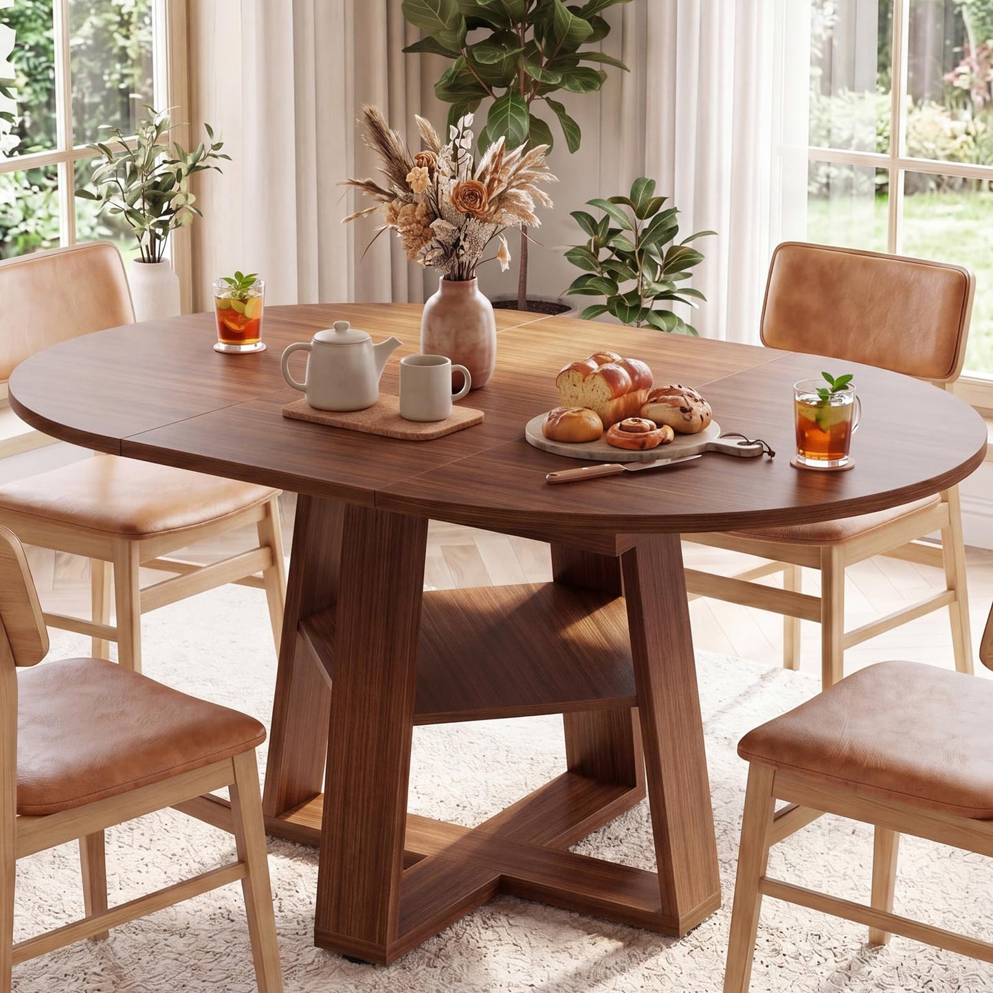 HAPPYMONT Extendable Round Dining Table for 4-8, Space Saving Kitchen Wooden Table with Storage Shelf and Sturdy Base for Kitchen, Dining, Living Room, Brown