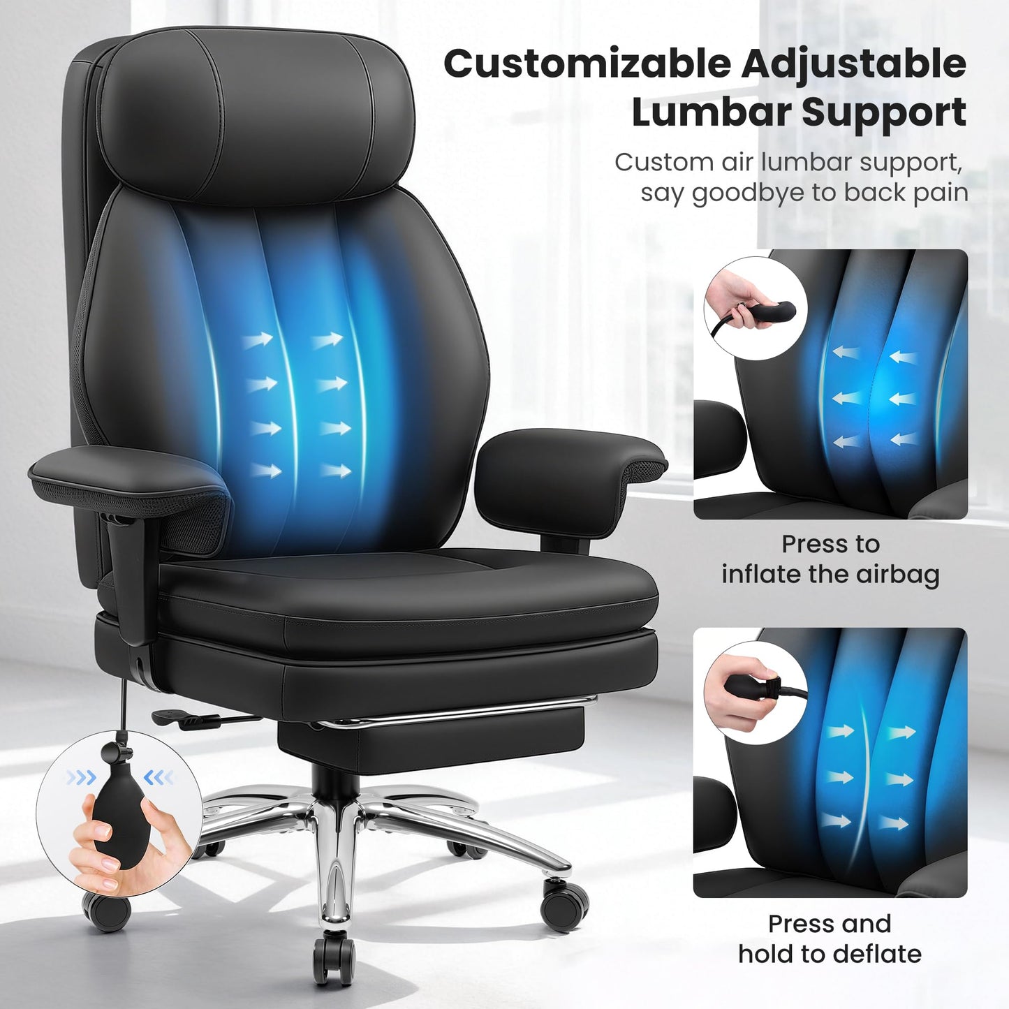 BestGlory Office Desk Chair with Inflatable Lumbar Support, Ergonomic Office Chair [Upgraded Double-Layer Cushion & Footrest], 400 LBS Big and Tall Computer Desk Chair for Home Office Gaming, Black