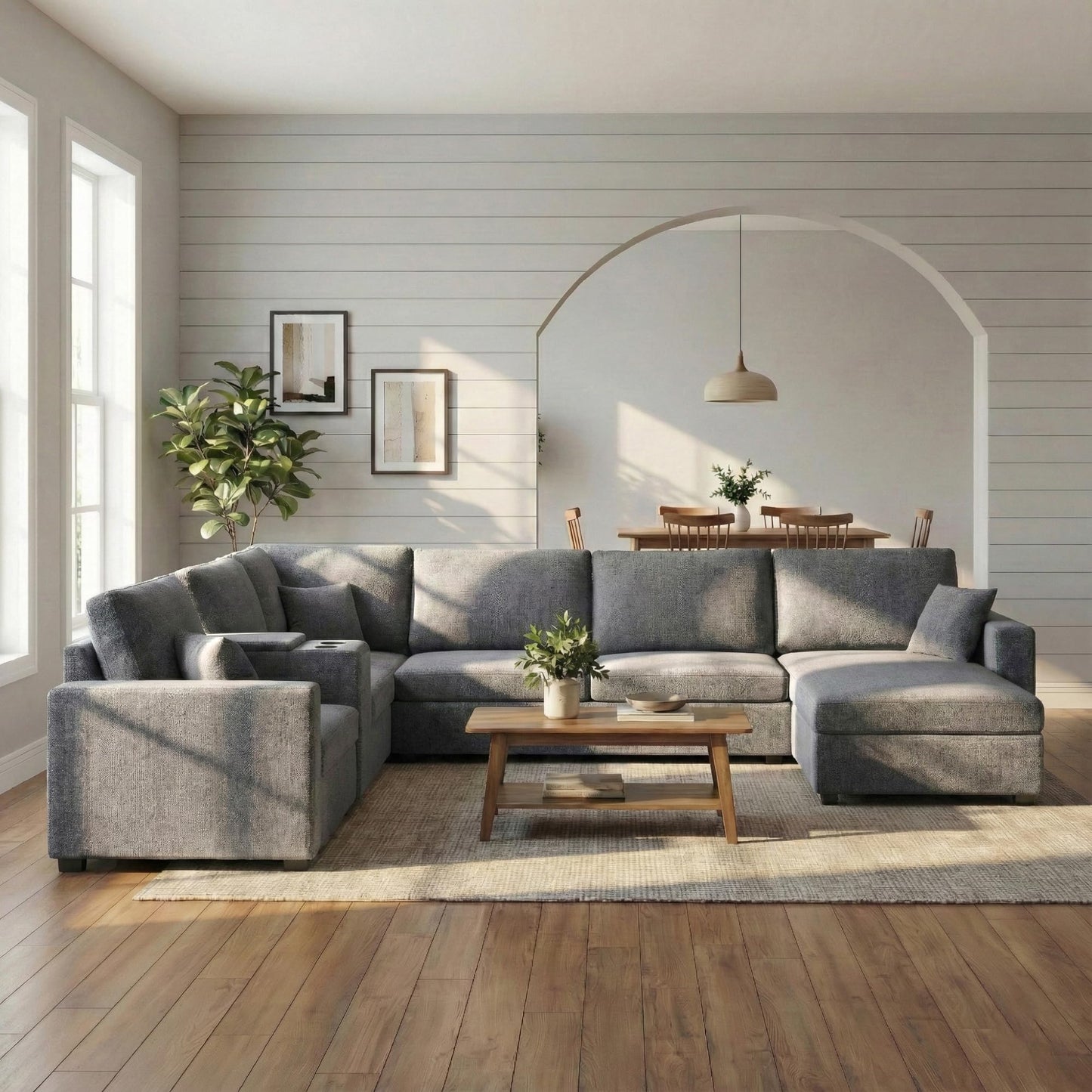 Merax Modern Oversized U-Shaped Sectional Sofa with Piollows & Chaise Lounge, Chenille 5-Seat Couch Set Sleeper Bed with Cup Holders, Storage Drawer for Living Room, Easy Assemble, Gray
