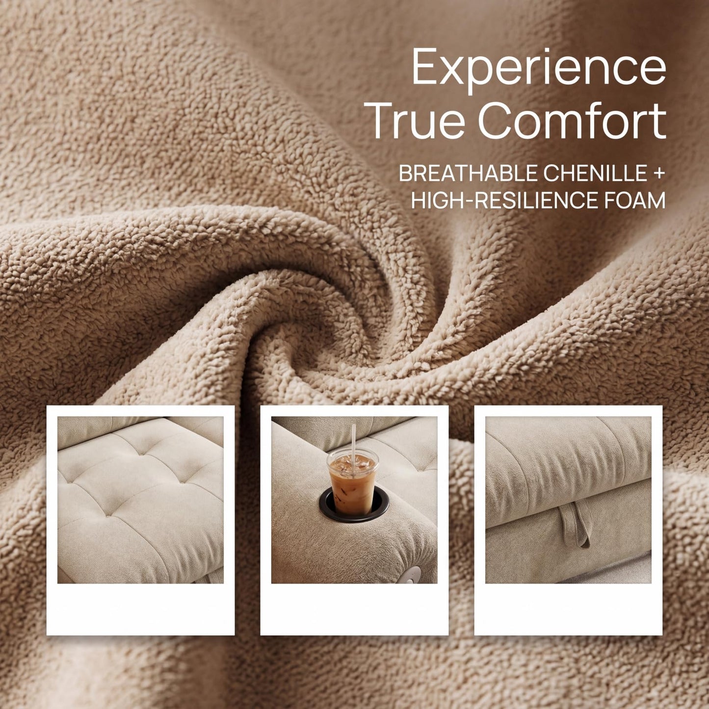Trygoal Convertible Couches, Queen Size Pull Out Sofa Bed with USB Charging Port and Cup Holders, Plannelette Fabric Convertible Sofa Bed for Small Space, Living Room, Apartment, Guest Room, Beige