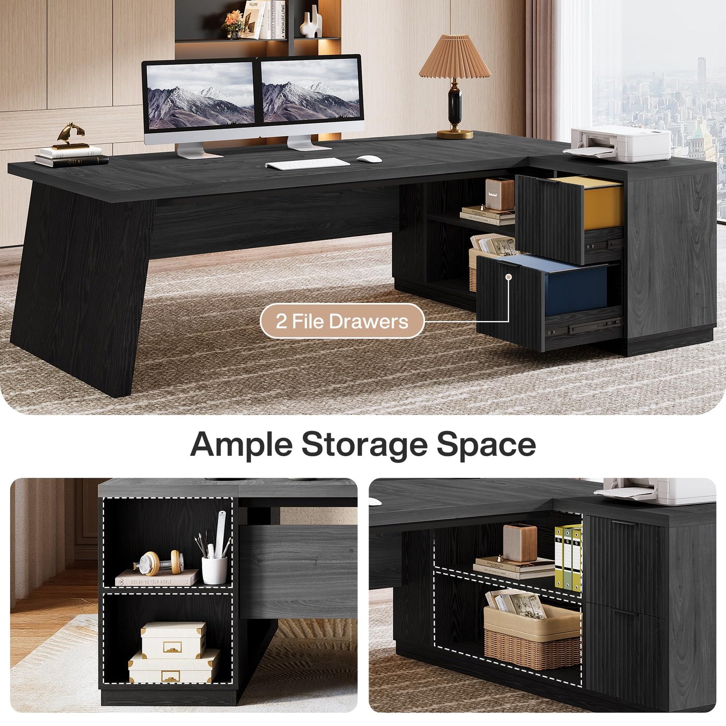 Tribesigns 78" L Shaped Desk with Drawers, Lage Office Desk with Storage Shelves, Modern Corner Computer Desk for Home Office (Gray and Black)