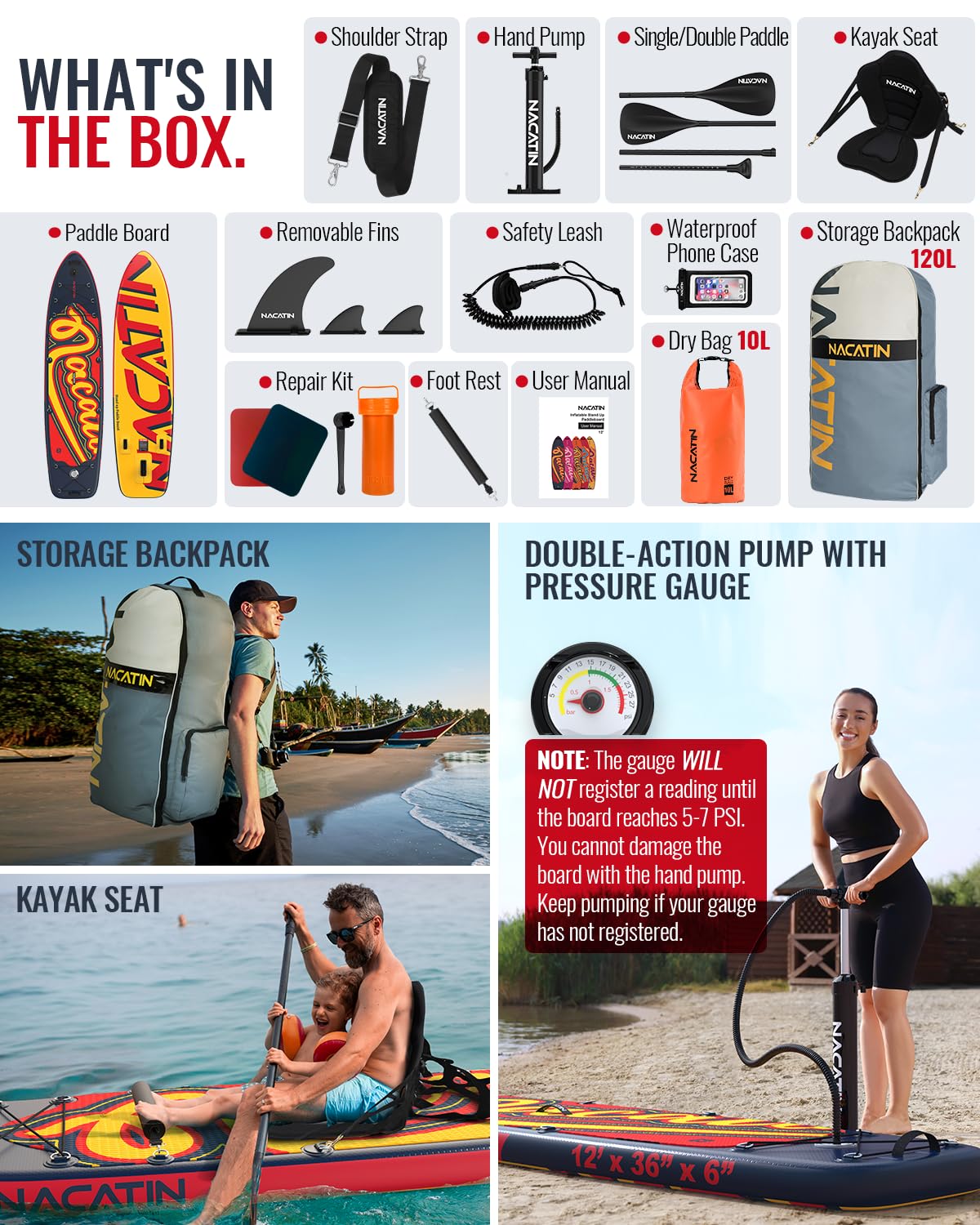 NACATIN 12' Extra Large Inflatable Stand Up Paddle Board with Seat, Wide 36" SUP Board for Adults & Family, with Single/Double Paddle, Kayak Seat, Pump, Stable Wide Deck for Beginners, Lake and River