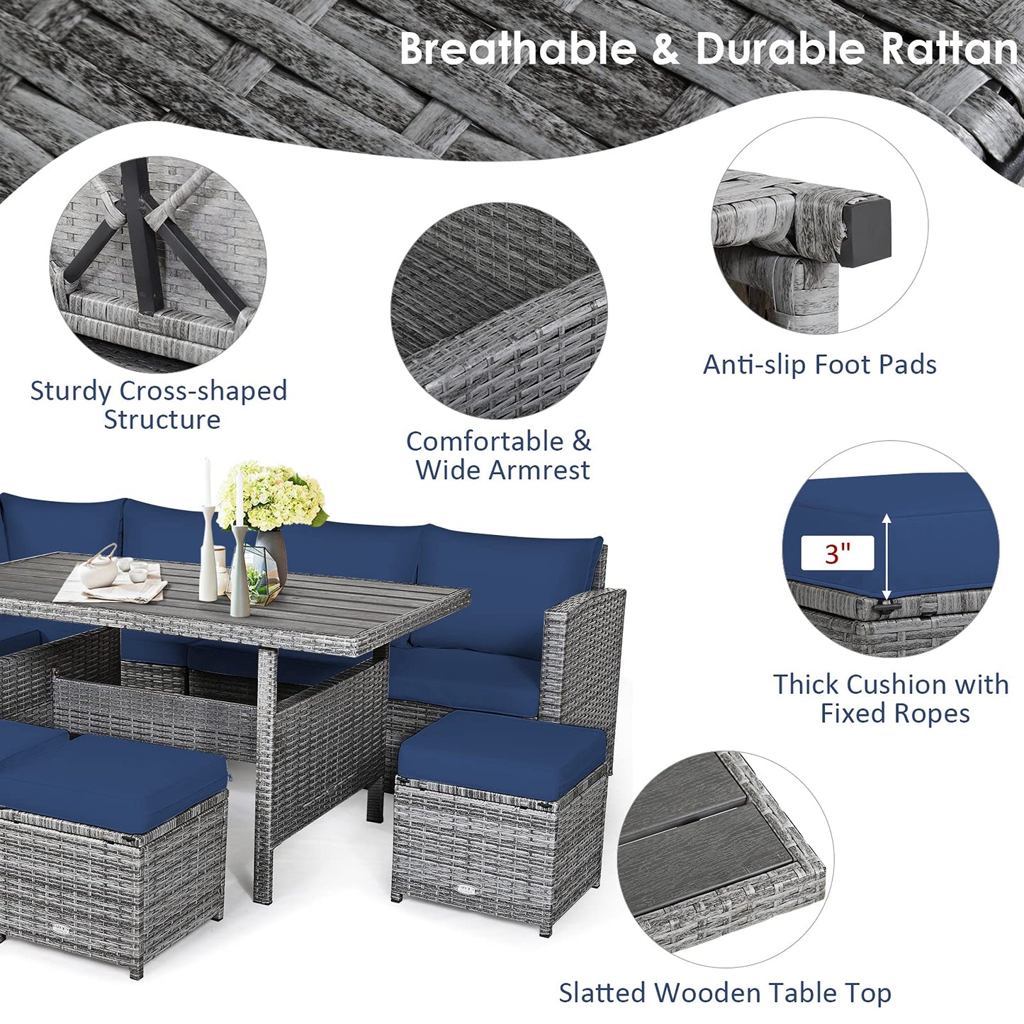 Tangkula 7 Pieces Patio Furniture Set, Outdoor Sectional Rattan Dining Sofa Set with Cushions, All Weather Wicker Conversation Couch Set with Dining Table & Ottomans for Yard Garden Poolside, Navy