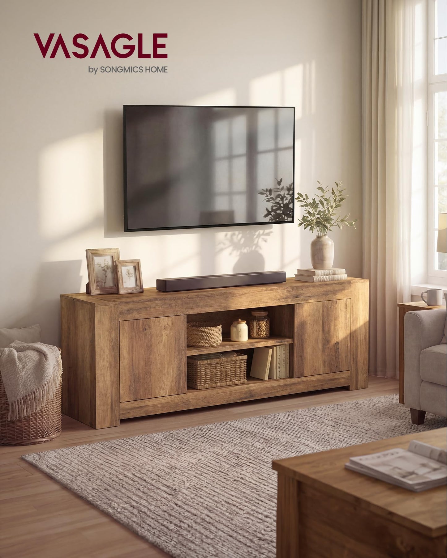 VASAGLE TV Stand, Farmhouse Entertainment Center with Storage Cabinets, Media Console Table for Living Room, Bedroom, for 65 Inch TV, 58 x 15.7 x 23.6 Inches, Honey Brown ULTV623K101S