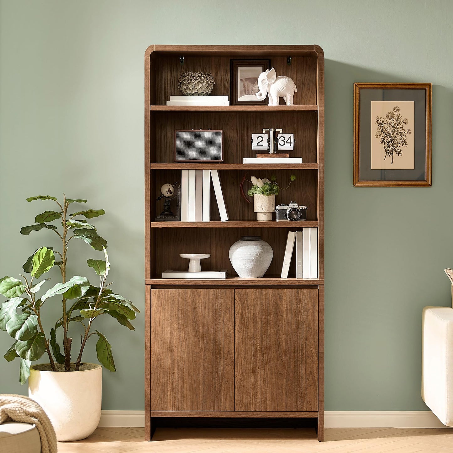 AMERLIFE 71“ Modern Bookcase with Storage Cabinets, 6-Tier Wood Bookshelf with Doors & Adjustable Shelves, Curved Design Display Cabinet for Living Room, Bedroom, or Home Office, Rustic Brown