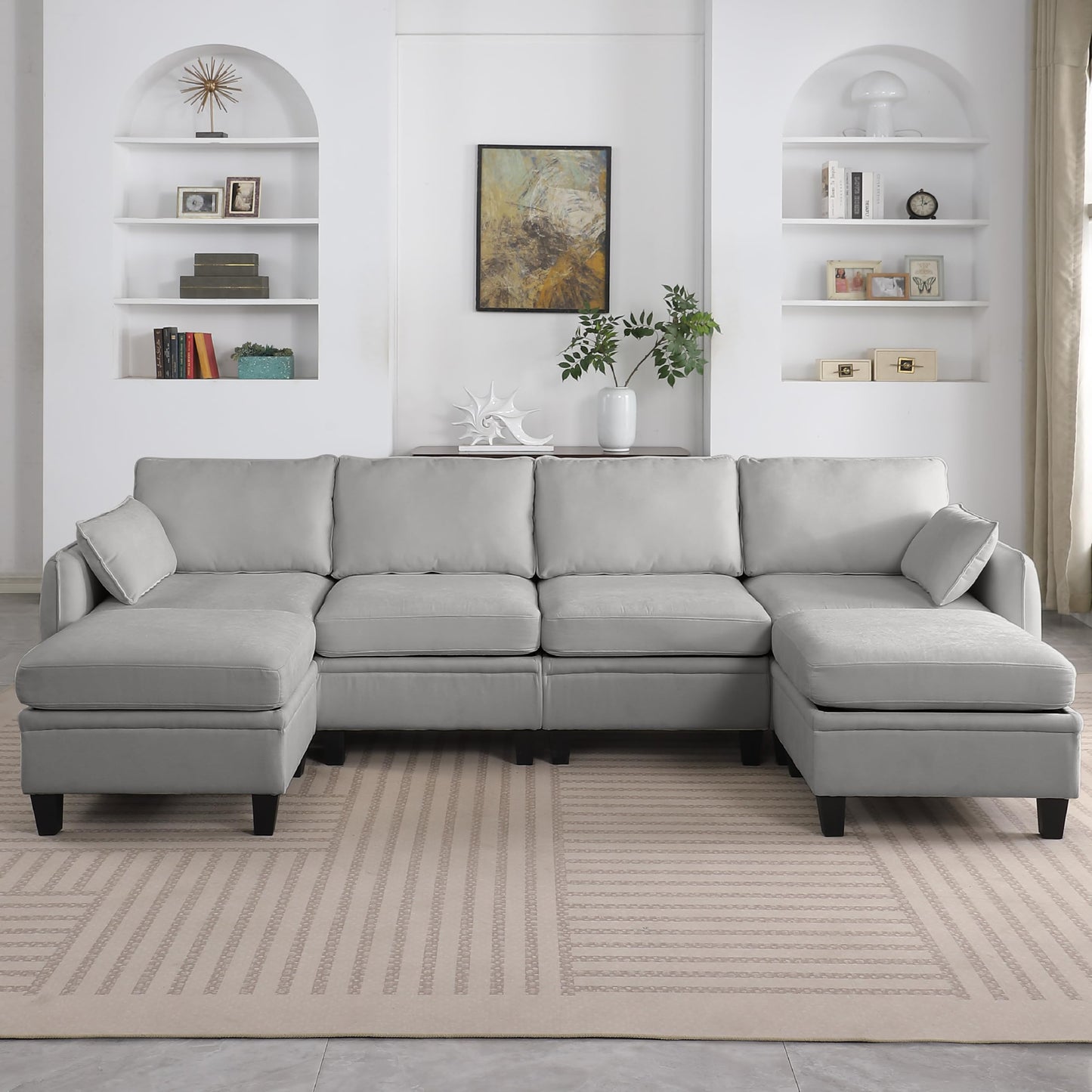 KEIKI 109 Inch Chenille Sectional Sofa Set, Modern U-Shaped Sleeper Cloud Couch with Storage Pockets & Ottoman, 6-Seater Modular Sofa Couches Bed for Apartment Living Room Lounge, Easy Assembly, Grey
