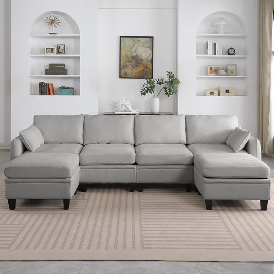 KEIKI 109 Inch Chenille Sectional Sofa Set, Modern U-Shaped Sleeper Cloud Couch with Storage Pockets & Ottoman, 6-Seater Modular Sofa Couches Bed for Apartment Living Room Lounge, Easy Assembly, Grey