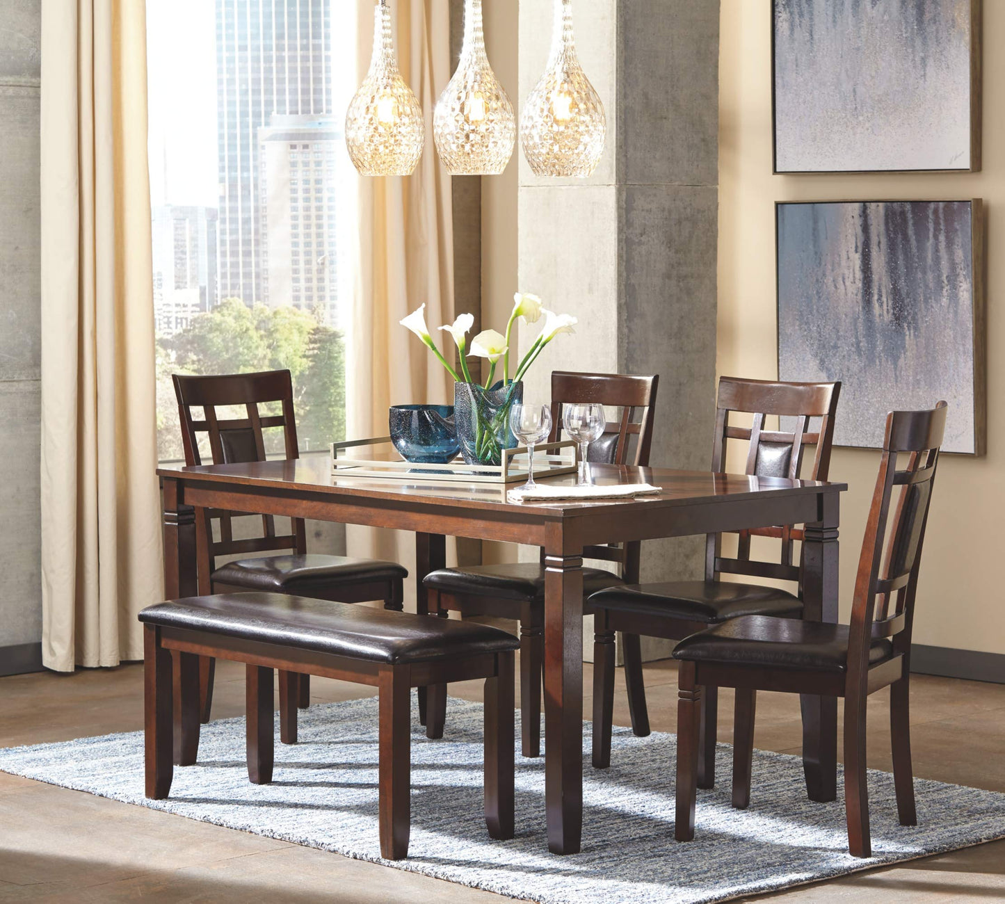 Signature Design by Ashley Bennox 6 Piece Dining Set with Upholstered Bench, Table & 4 Upholstered Chairs, Seats 6, Wood, Brown