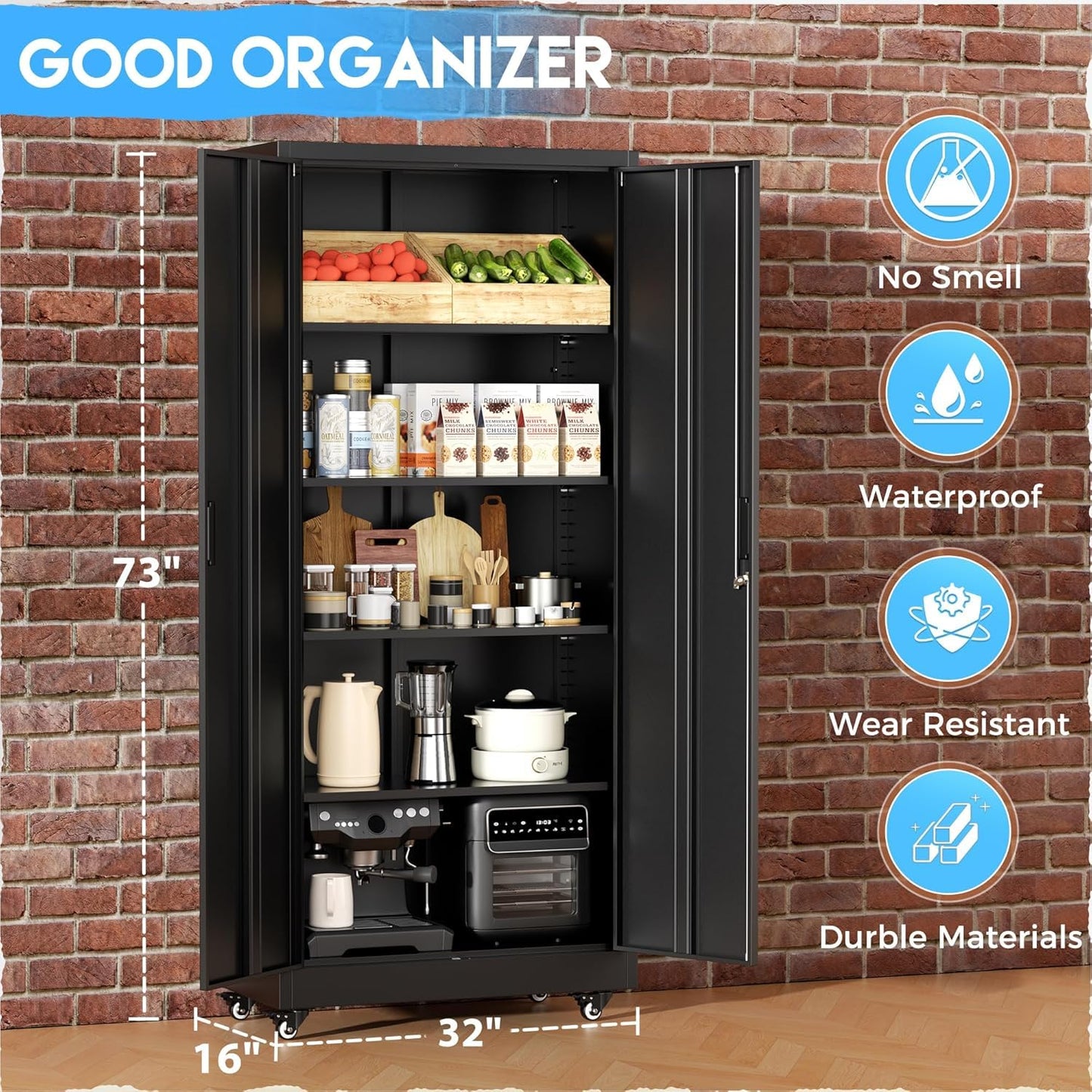 Greenvelly 73" Metal Storage Cabinet with Wheels, Black Garage Storage Cabinet with 4 Adjustable Shelves and Locking Doors, Garage Rolling Storage Cabinet for Warehouse, Garage, Home Office, School