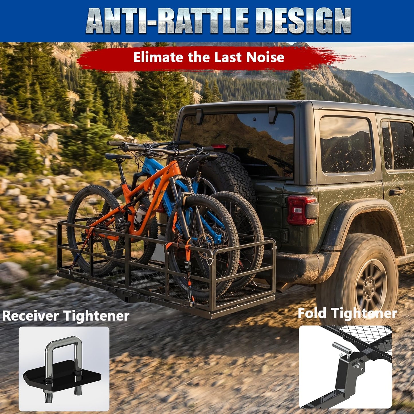 Foldable Hitch Mount Cargo Carrier Basket 61" x 25" x 16" for 2 Inch Hitches Receiver, 500 Lbs Capacity, Easy Folding, Multiple-Tightener Anti Rattle Design, High Ground Clearance, Trailer Pin Lock