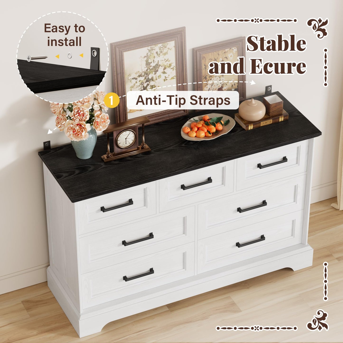 Furmax Farmhouse Dresser for Bedroom, 7 Drawers Dresser, Wood Chest of Drawers, 47.5" Wide Storage Dressers Organizer for Bedroom, Living Room, White and Black