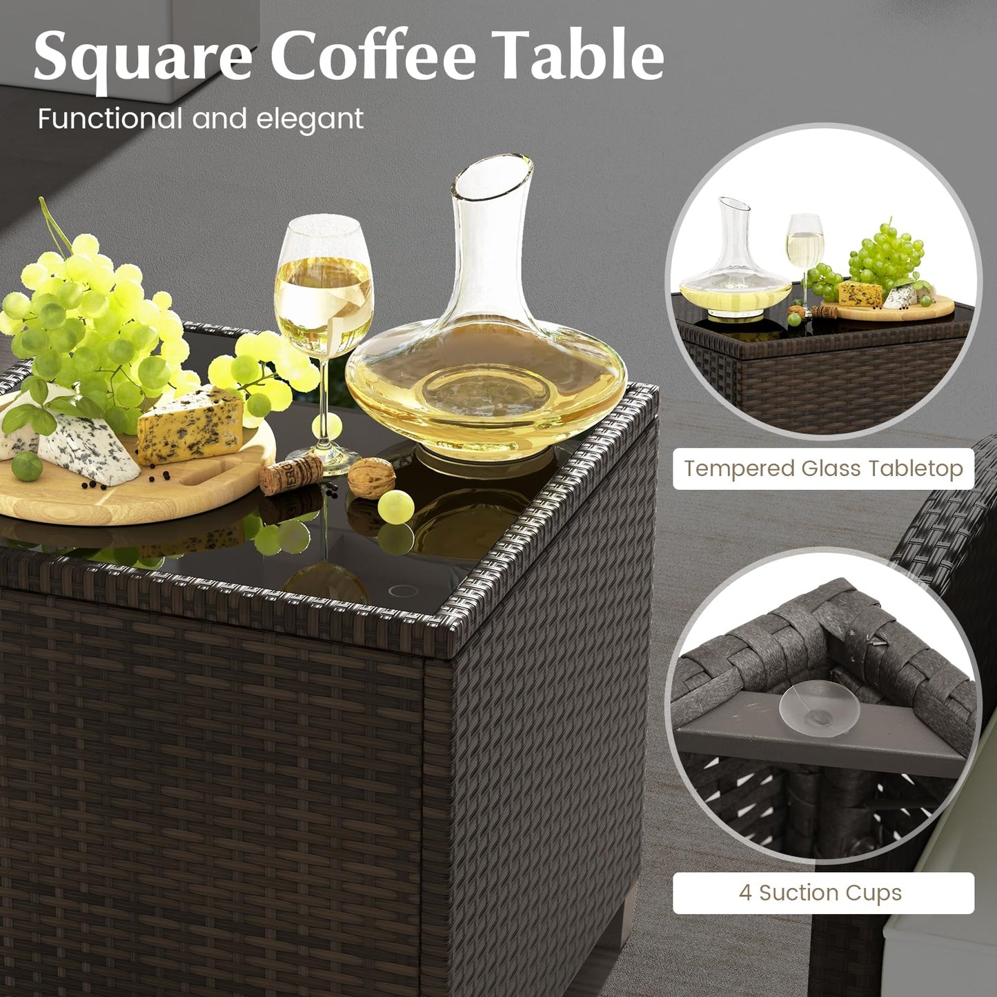 Tangkula 5 Pieces Patio Conversation Set, PE Wicker Outdoor Furniture Set with 2 Chairs, 2 Ottomans & Tempered Glass Coffee Table, Ideal for Poolside, Backyard, Lawn, Deck, Mix Brown & Off White