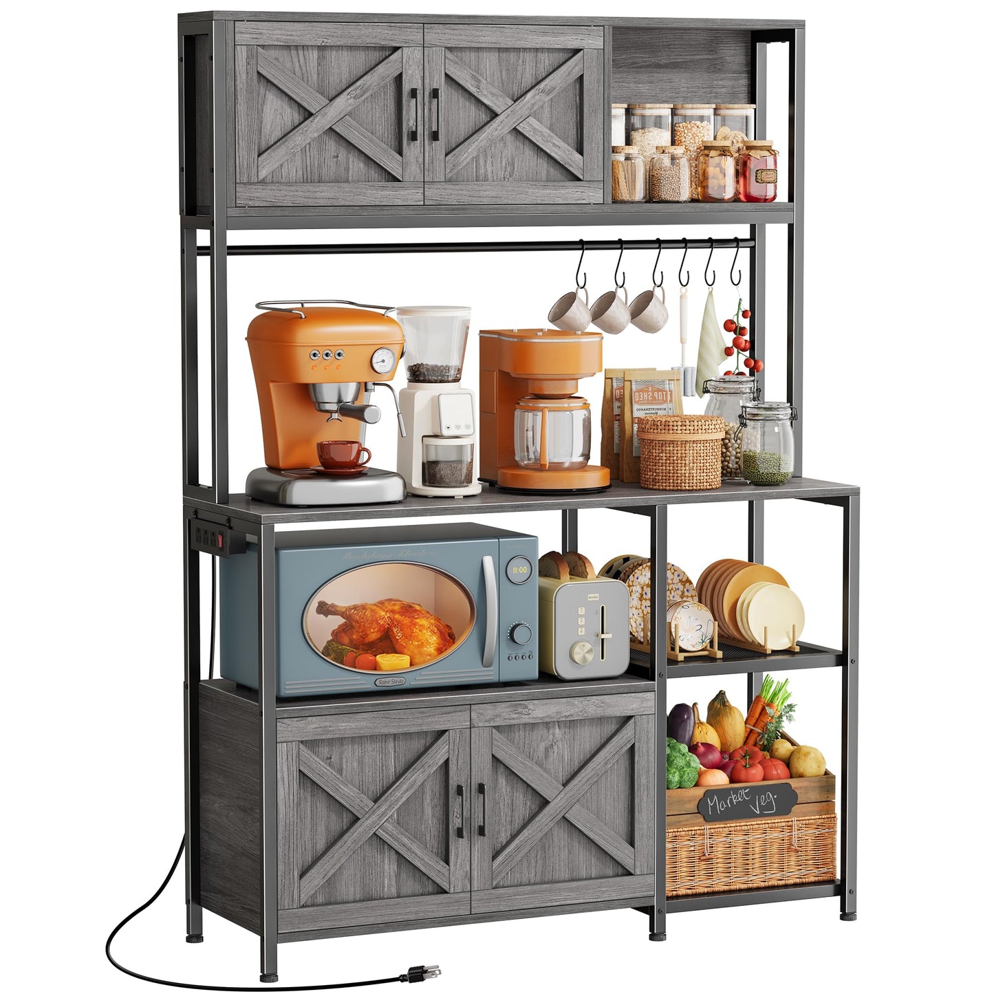Huuger Large Bakers Rack with Power Outlet, Kitchen Microwave Stand with Cabinets, Coffee Bar Table Station with Storage, 6 S-Shaped Hooks, Mesh Shelves, 45 Inch Wooden Top, Grey