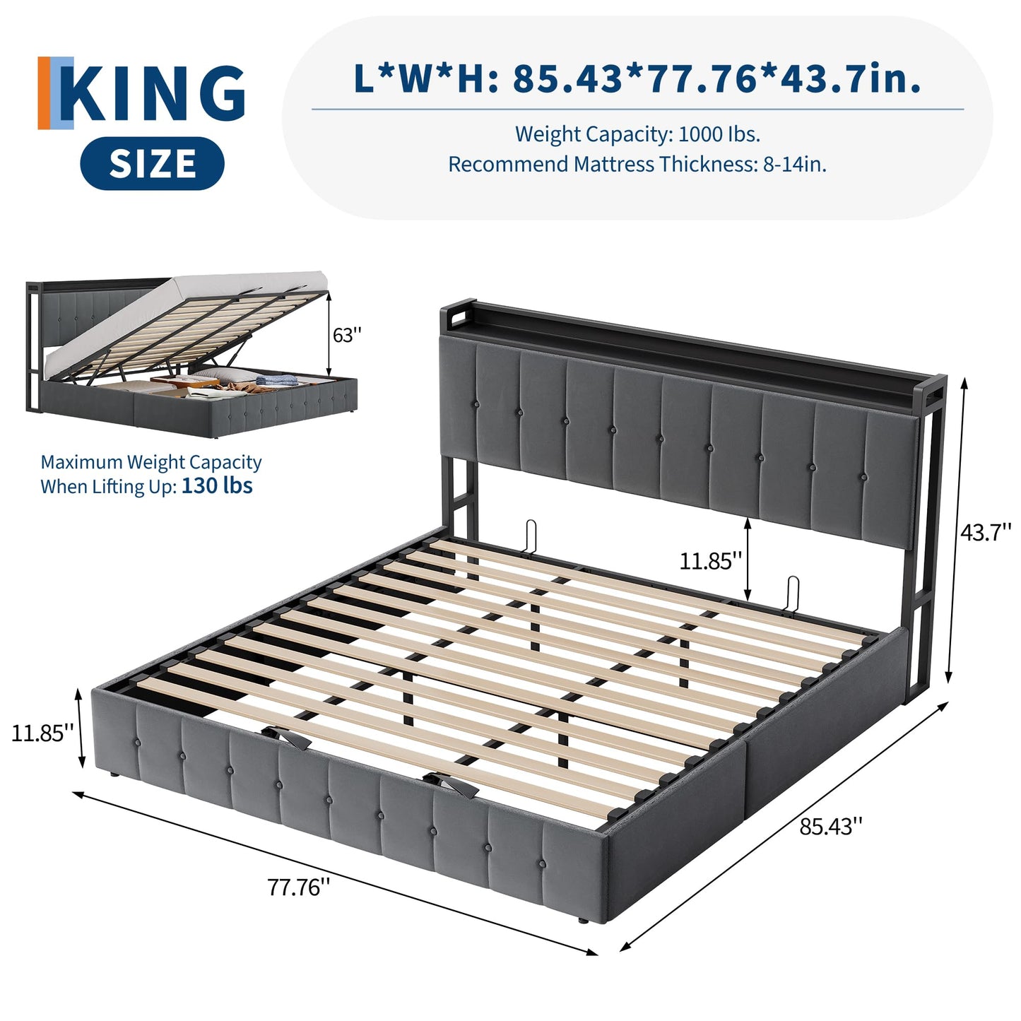 Garvee King Size Lift Up Storage Bed, Upholstered Velvet Bed Frame with Storage Headboard, Metal Platform Bed, No Box Spring Needed, Solid Wooden Slats, Noise Free, Grey