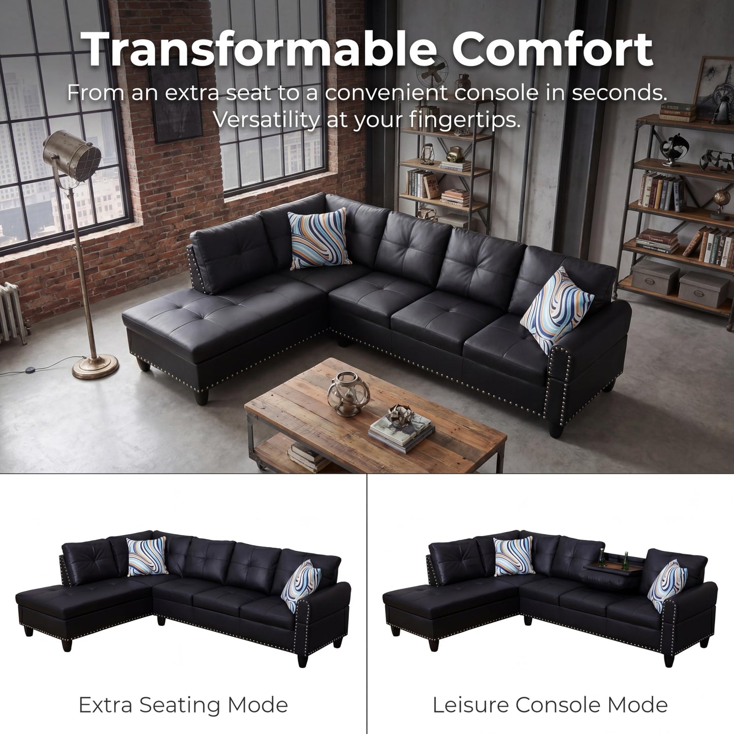 Topcomfy Leather L Shaped Sectional Couches for Living Room - 97.5“ x 69.5" Modular Sectional Sofa with Storage Ottoman, 4 Seat Home Sofa Living Room Furniture Sets with Chaise for Apartment, Black