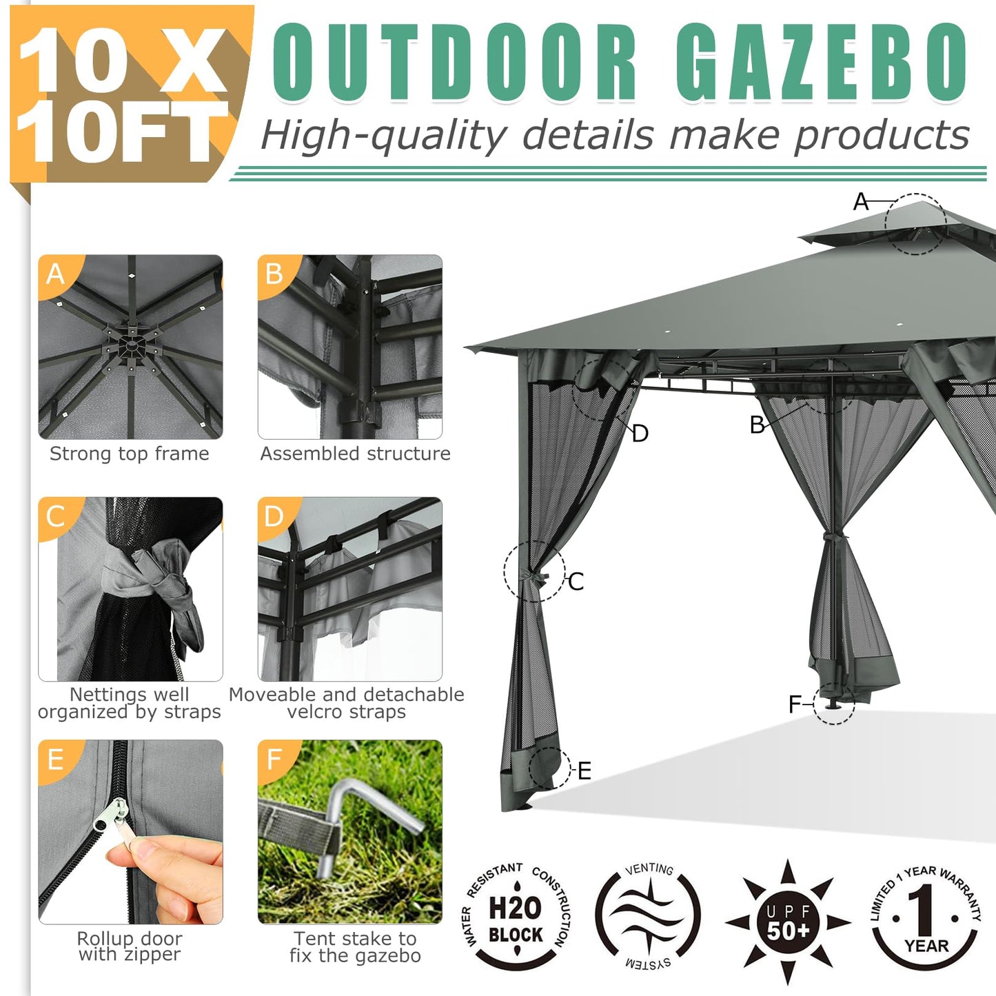 HOTEEL Outdoor Gazebo 10x10 FT Gazebos on Clearance with Netting, Waterproof Canopy Tent with Heavy Duty Party Tent Steel Frame, High Wind-Resistant Shelter for Backyard, Deck & Garden Windproof Gray