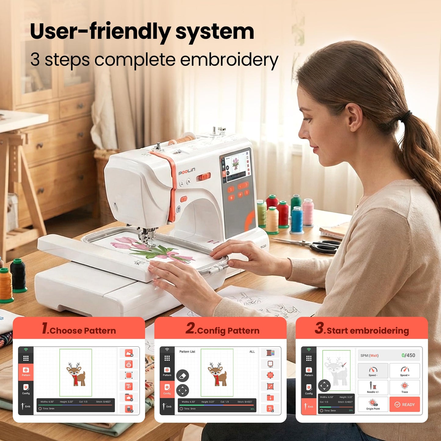 PooLin EOC03(2in1) Sewing and Embroidery Machine 4"x4" & 4"x9.25" Embroidery Size, 130 Built-in Designs 207 Sewing Stitches, 4.3" Touch Screen with WiFi Transfer, Includes Full Kits 1-on-1 Training