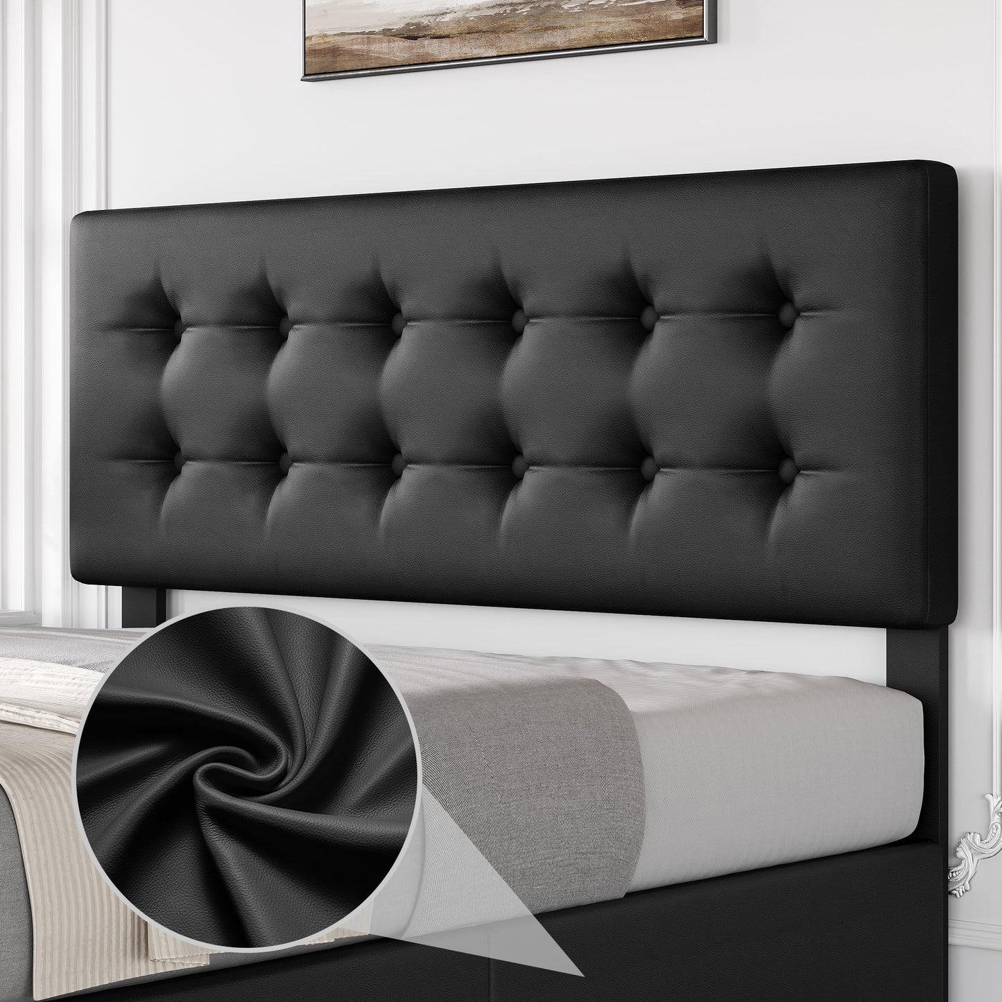 IDEALHOUSE Queen Size Bed Frame with 4 Storage Drawers and Headboard, Faux Leather Upholstered Platform Bed Frame with Wooden Slats Support, Button Tufted Design, No Box Spring Needed, Black