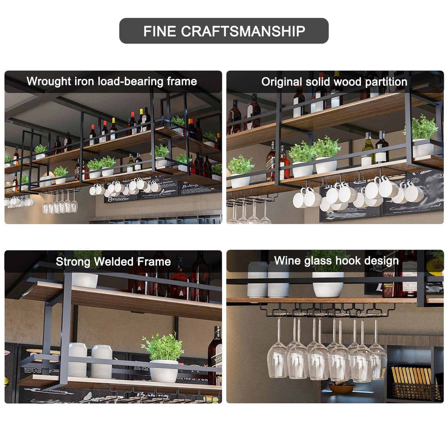 Ceiling Wine Glass Rack - 55.1in Hanging Wine Rack with Glass Holder and Shelf, 2 Layer Industrial Hanging Wine Bottle Holder, Black Metal Ceiling Shelf for Bar Cafe Kitchen (Black, 55.1×11.8×31.4in)