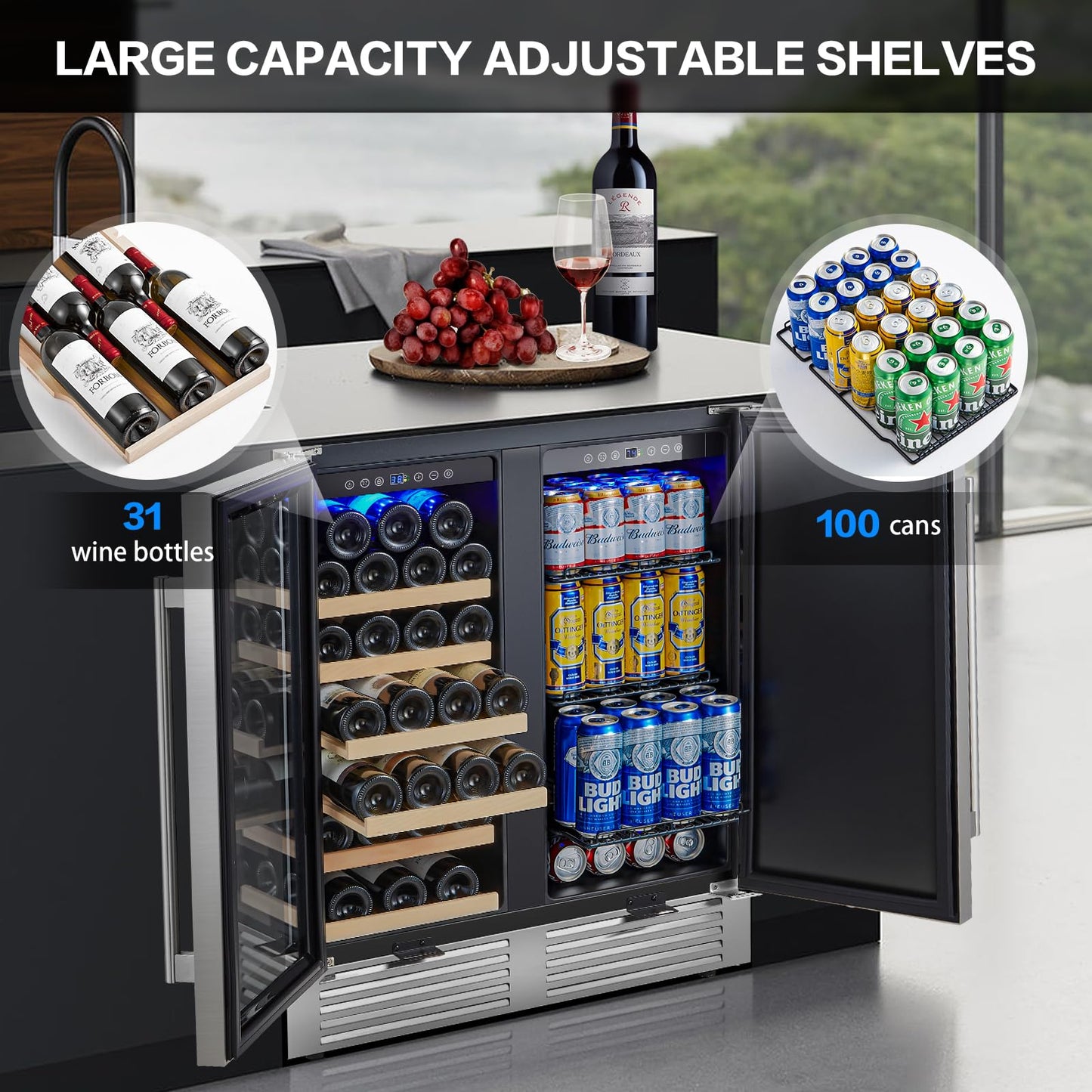 BODEGA 30 Inch Wine and Beverage Refrigerator Free Standing. Dual Zone Stainless Steel Wine Fridge under Counter, Drink Cooler for Beer, Soda, Champagne, Holds 110 Cans and 31 Bottles, Silver