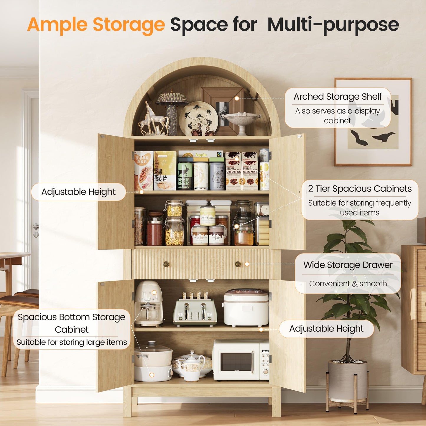 Apicizon 70" Tall Arched Kitchen Pantry Cabinet, 6-Tier Modern Fluted Wood Storage Cabinet with Doors Drawer & Adjustable Shelves, Farmhouse Cupboard Organizer for Dining Room, Bathroom, Natural