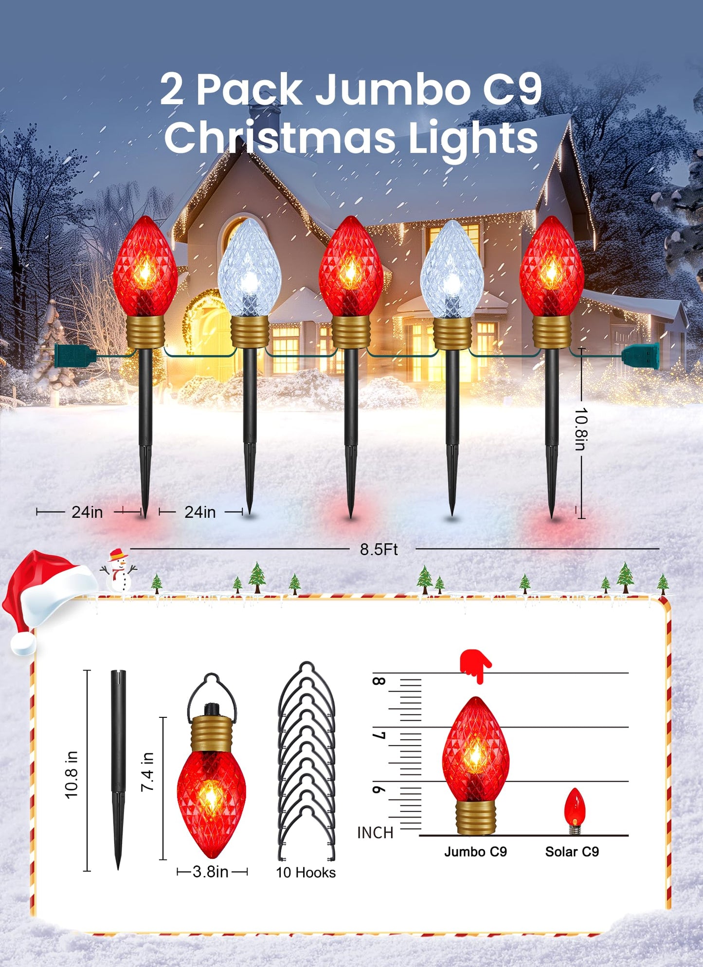 Minetom Jumbo C9 Christmas Pathway Lights - 2 Pack, 10.5 Feet, Multicolor C7 Bulbs, Red & Cool White
