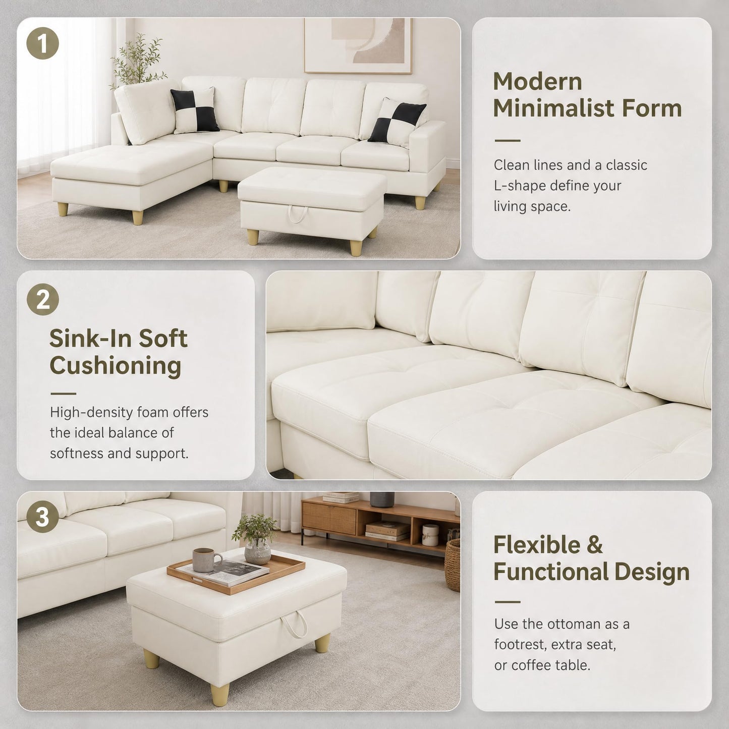 NicBex Sectional Couches for Living Room 2-Piece Modern Sectional Sofa with Left Chaise Classic L-Shape Sectional Couch Leather Upholstered Sofa Couches for Living Room, Office, Bright White
