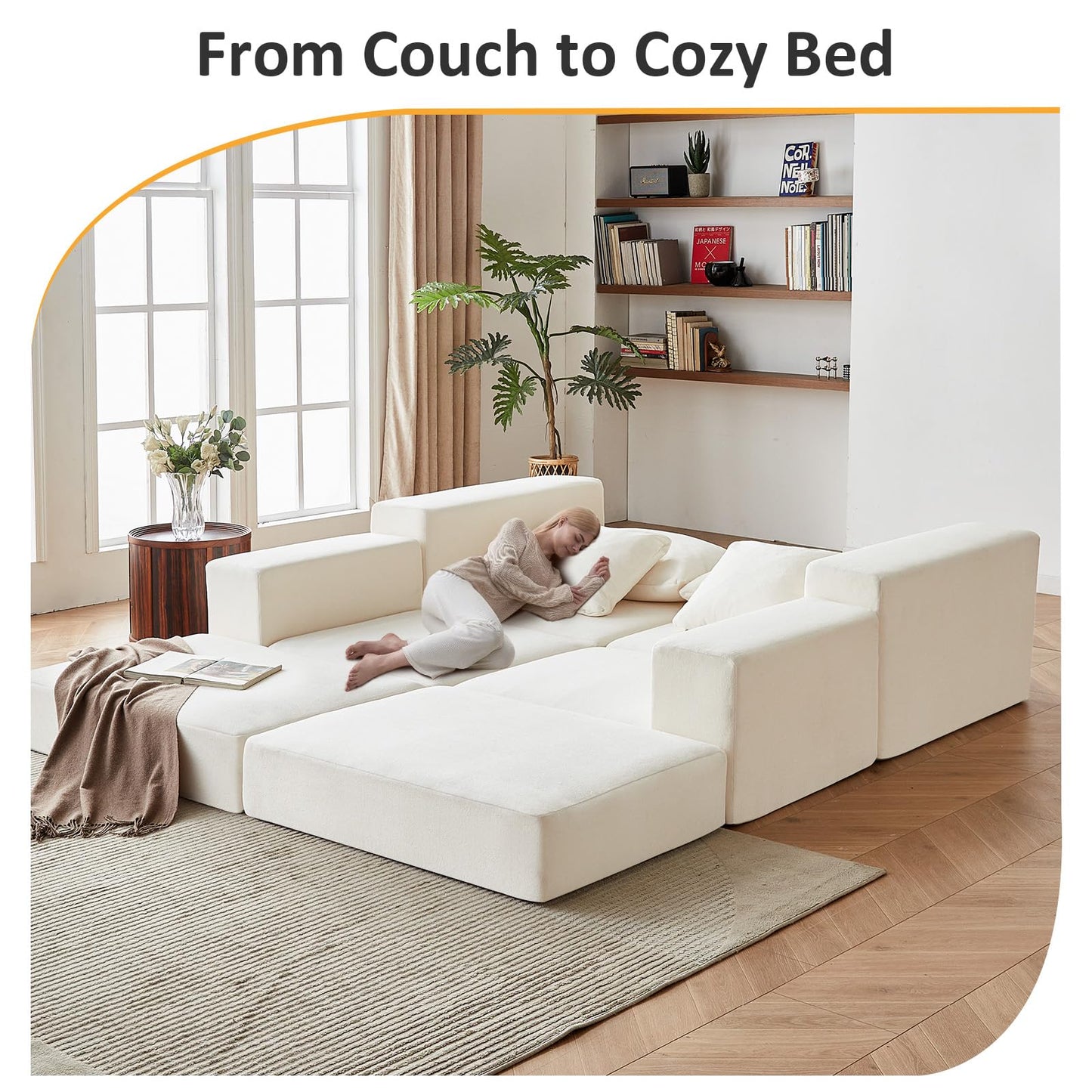 Modular Sectional Loveaeat Cloud Sofa, Boneless Couch with Non Slip Base, Modern Sleeper Sofa for Customizable Living Spaces, Cozy Modular Couch with L-Shape Chaise, Deep Seat & No Assembly, Beige