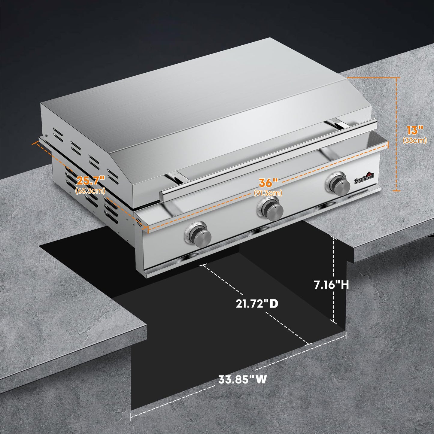 Stanbroil 36-Inch Natural Gas Built-In Griddle, Premium 304 Stainless Steel 3 Burner Flat Top Grill for Outdoor Kitchen BBQ Island