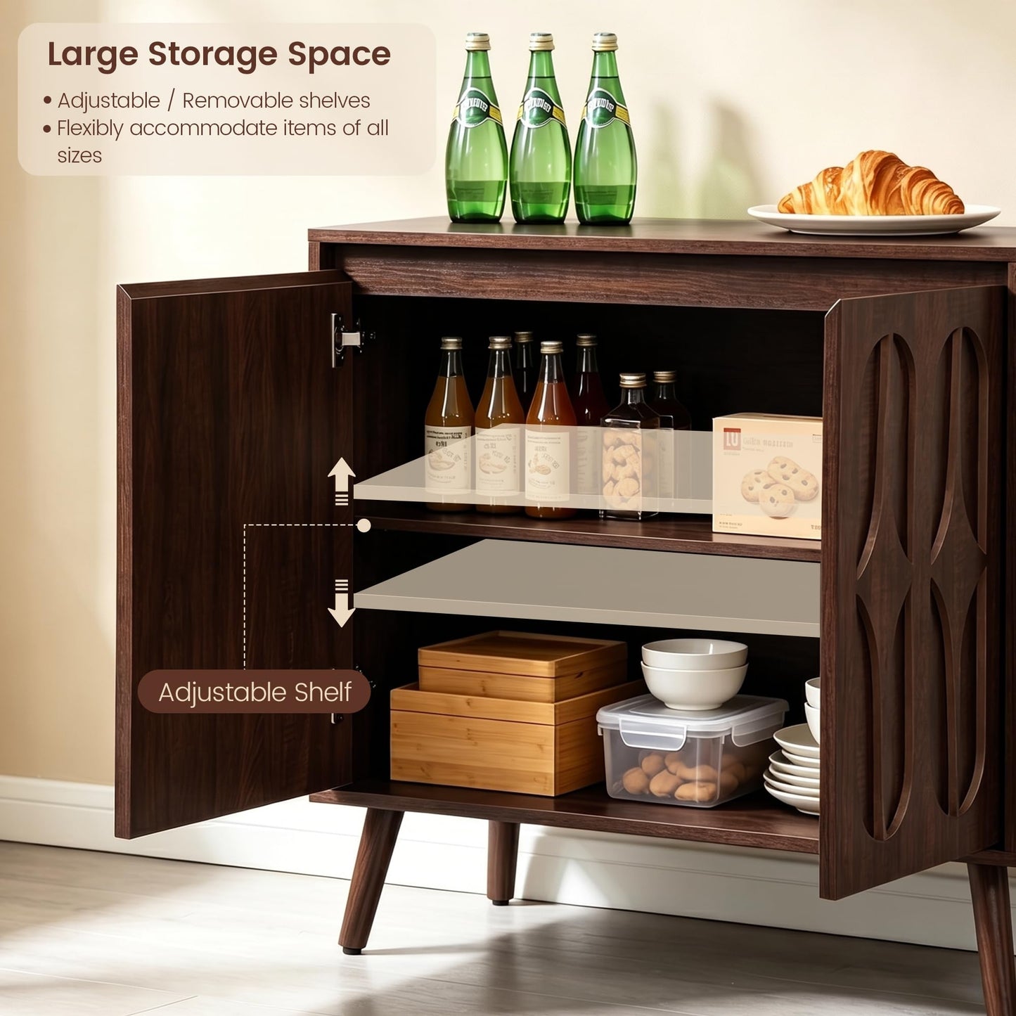 Janmer Home Sideboard Buffet Cabinet, Dark Walnut, 94.5inch Wide