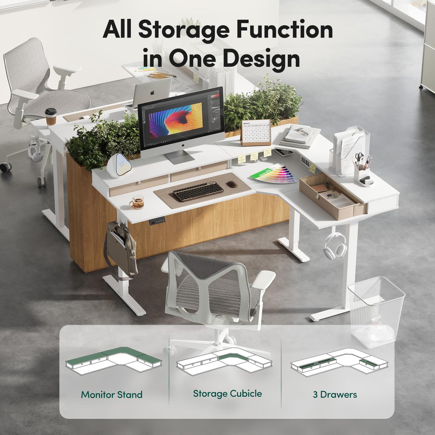 CubiCubi L Shaped Standing Desk with Drawers 63 x 48 Inch Adjustable Height, Electric Corner Desk with Storage, Sit Stand Home Office Desk with Splice Board, White