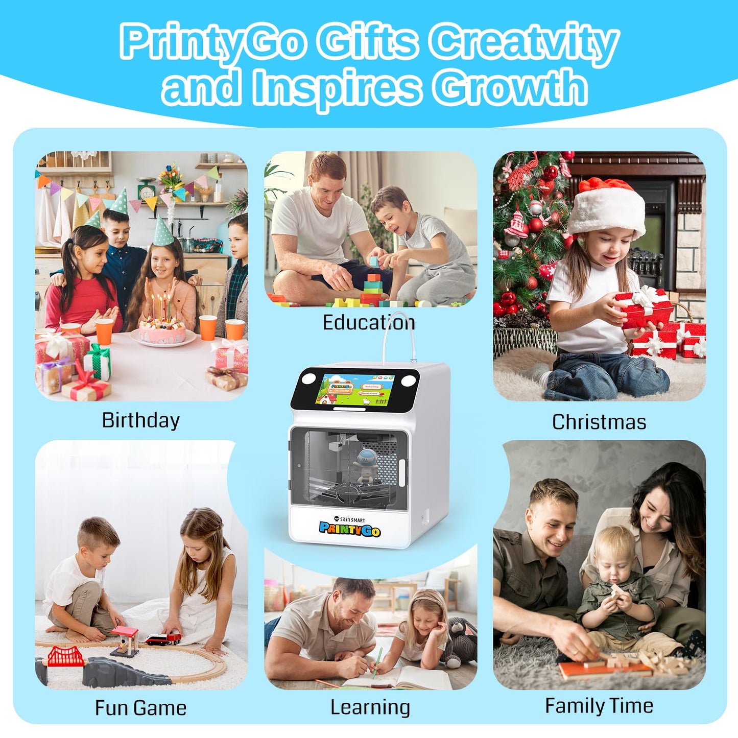 SainSmart PrintyGo 3D Printer for Kids, 600mm/s Auto Leveling Printer for Beginners with 5" Touch Screen, 1500+ Models, Child-Safe Design, Wi-Fi/App Control, Pre-Assembled for STEM Learning Gift