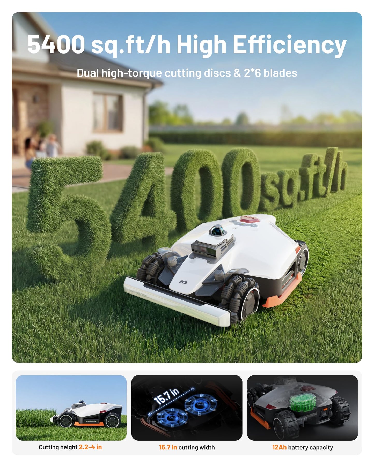 Mammotion LUBA 3 AWD 3000H Robot Lawn Mower for 0.75 Acre, 360° LiDAR+NetRTK+AI Vision Tri-Fusion Positioning, All-Wheel-Drive for 80% Slopes, 30 Multi-Zone Management, Cutting Height 2.2"-4.0"