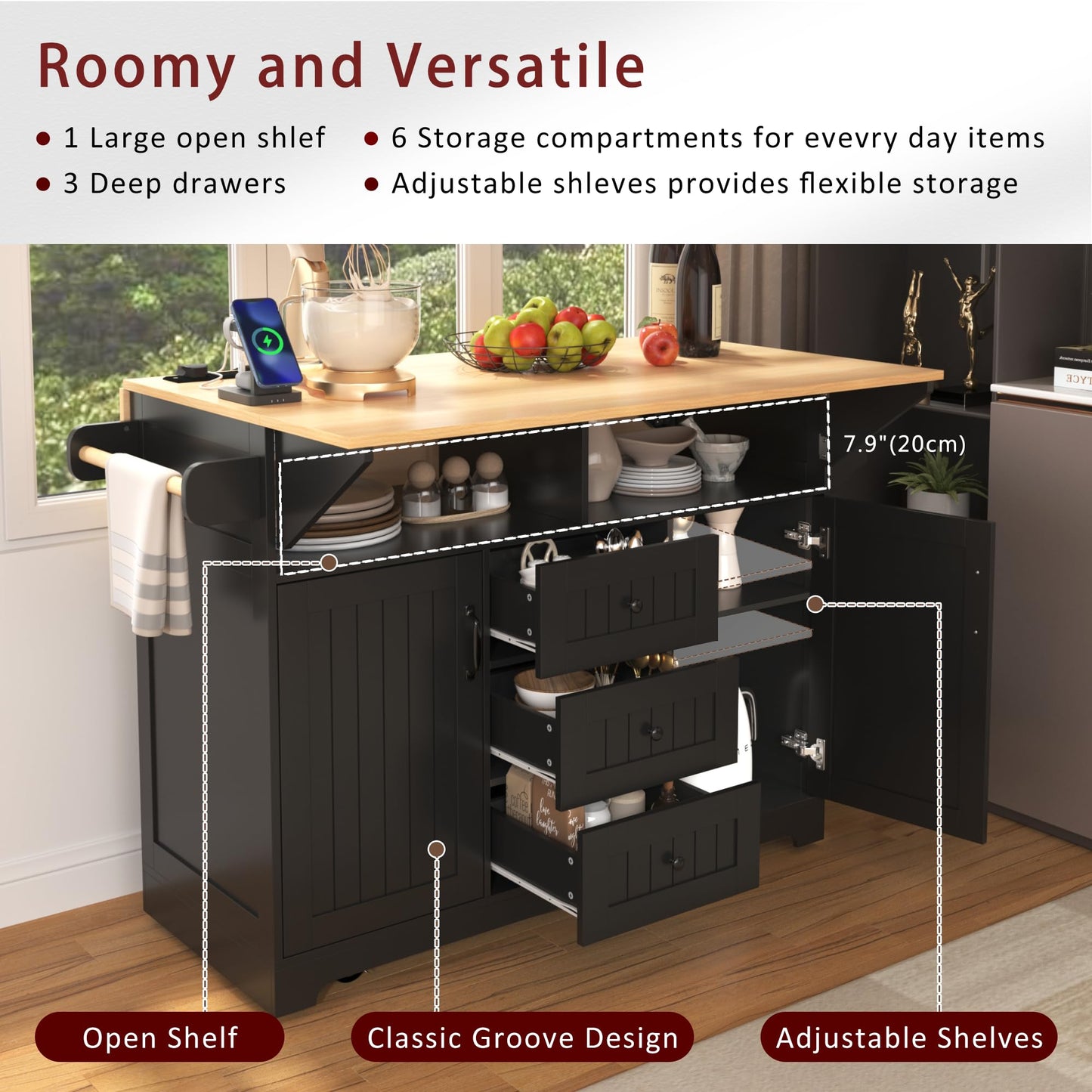 Merax 55.7" Upgraded Large Kitchen Cart Island on Wheels with 2 Drop Leaf,Power Outlet,3 Drawers,Wood Frame Storage Cabinet