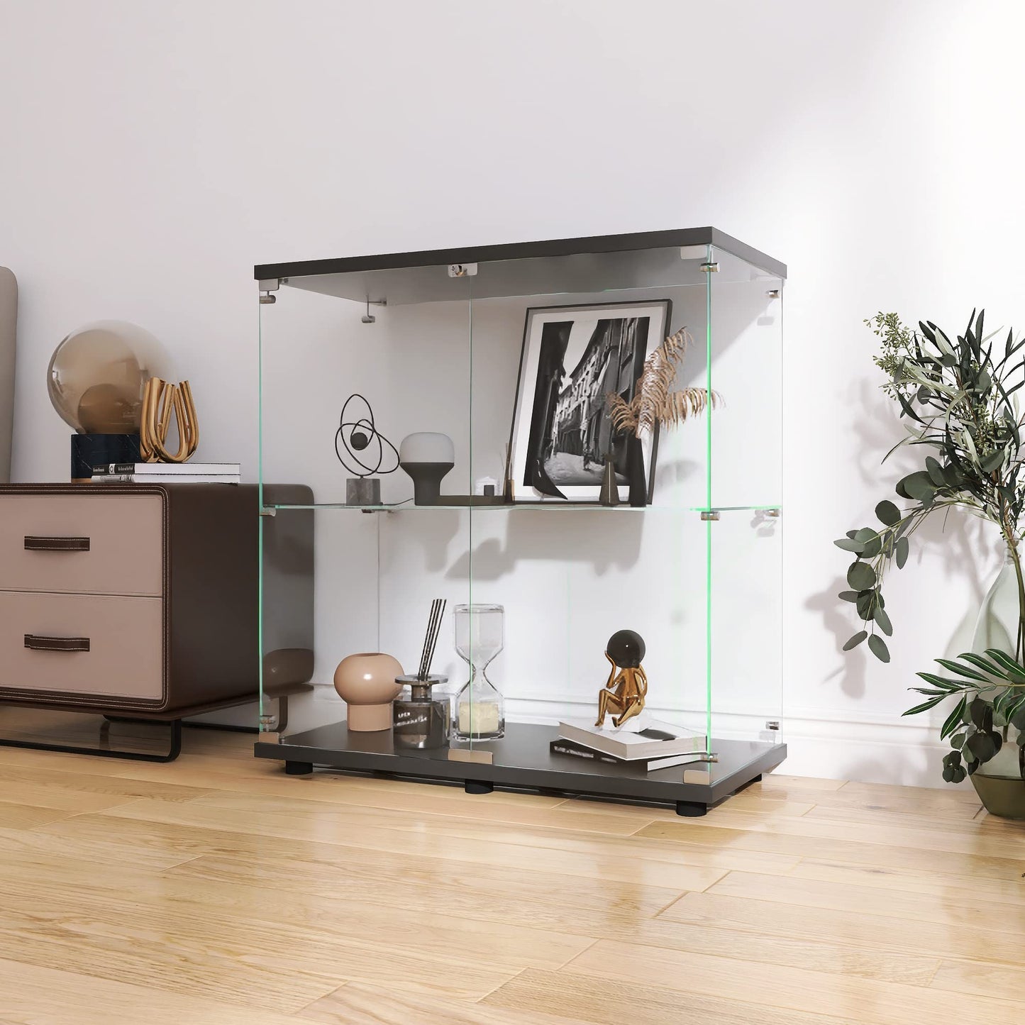 LFT HUIMEI2Y Glass Display Cabinet 2-Shelf with Double Door, Curio Cabinets Fast Installation in 30 Mins, Tempered Glass Floor Standing Bookshelf for Bedroom, Living Room 32.8”x 31.7”x 14.4” Black