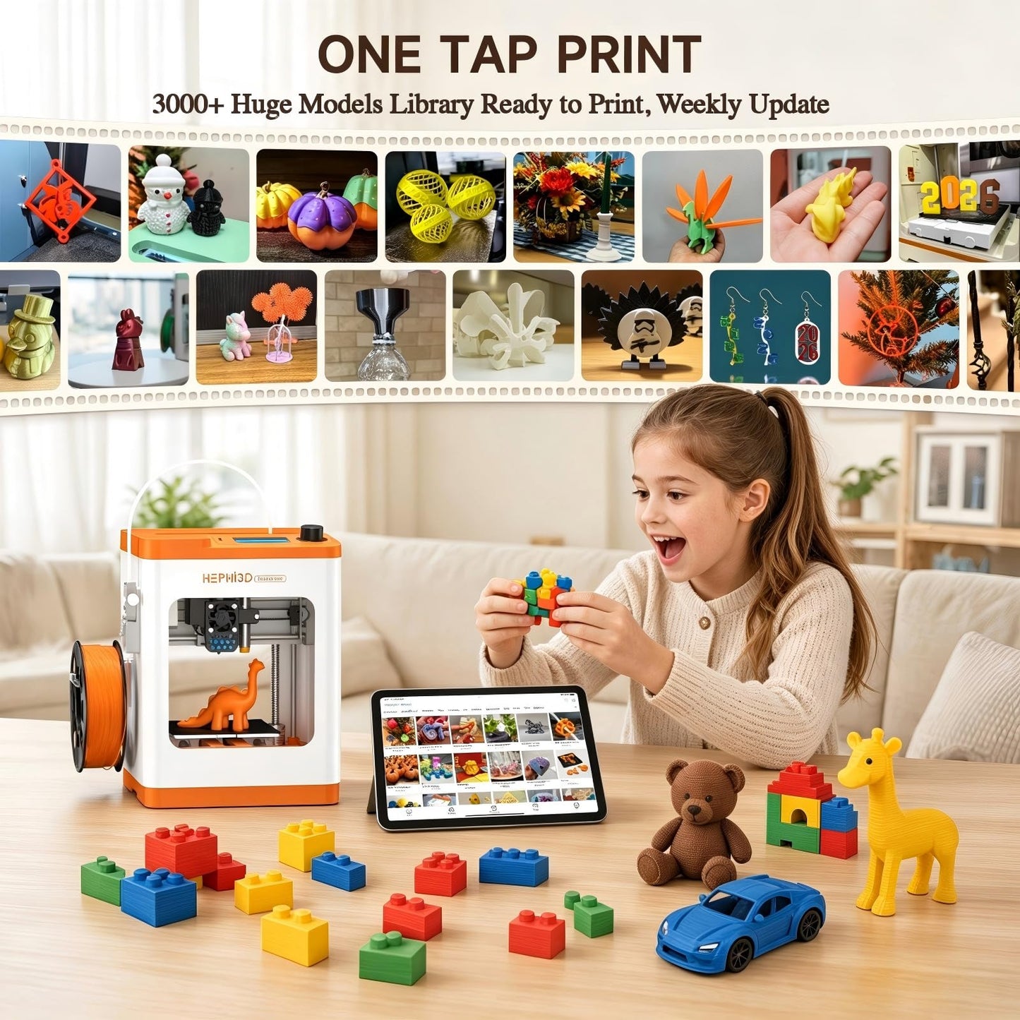 HEPHi3D TINA2S 3D Printer for Kids, Fully Assembled 3D Printers for Beginners with Huge Library APP Control, WiFi Mini 3D Printer Auto Leveling, Kid 3D Printers High Precise for Home, School, Office