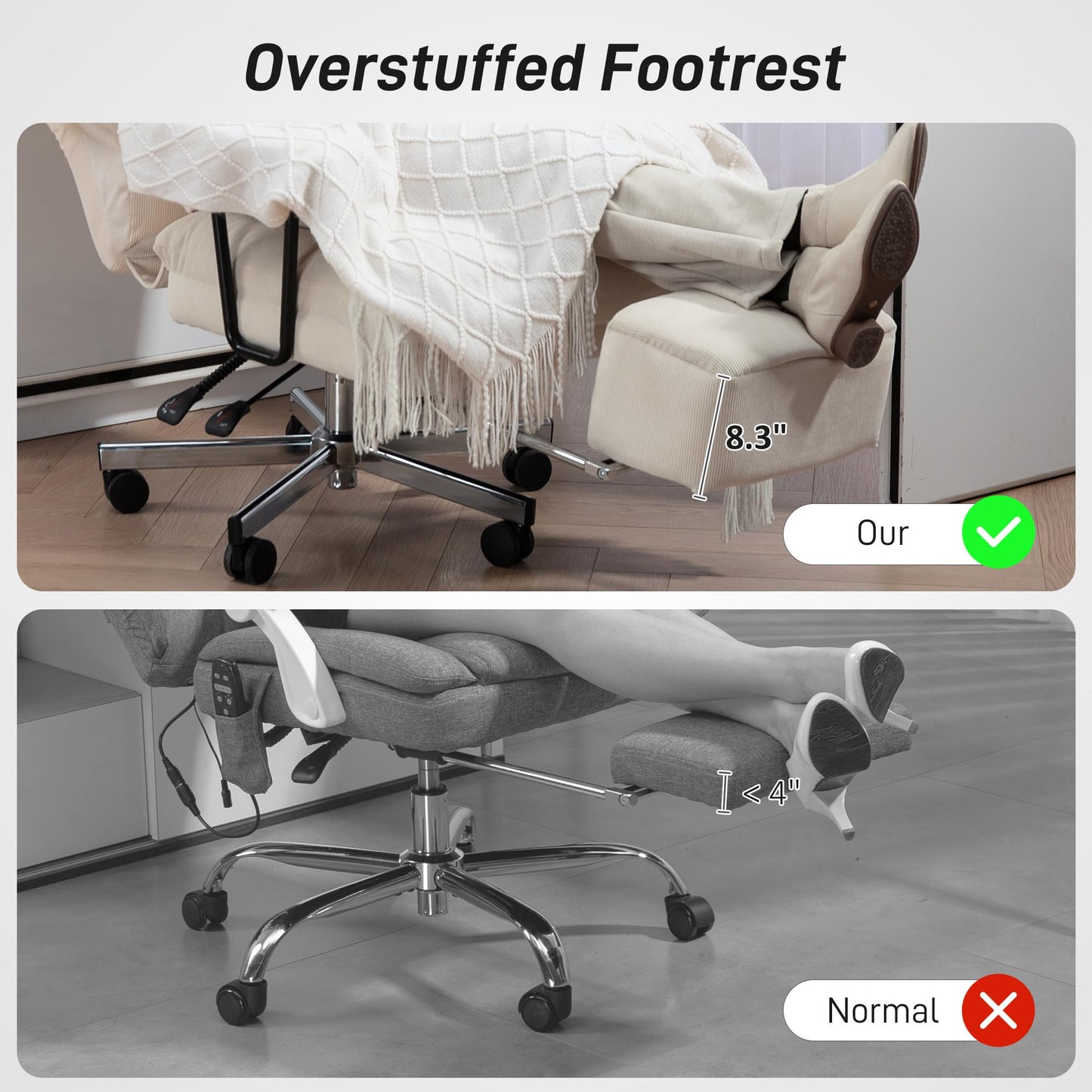 HOMCOM Large Overstuffed Office Chair with Lumbar Support, High Back Reclining Executive Corduroy Computer Desk Chair with Footrest, Swivel Wheels, Cream White
