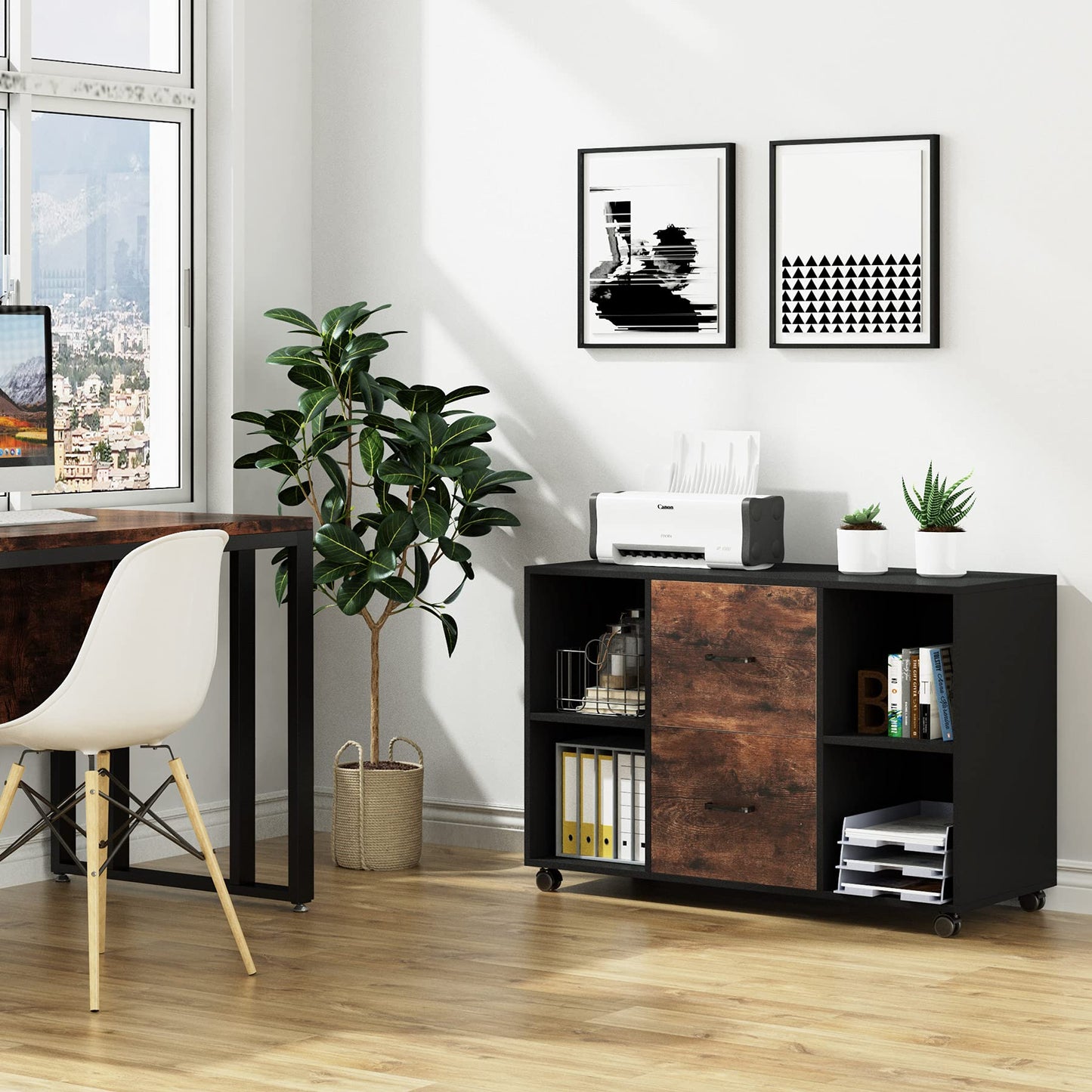 LITTLE TREE 2 Drawer File Cabinet Large Mobile Lateral Filing Cabinet Letter Size for Home Office, Rustic Brown