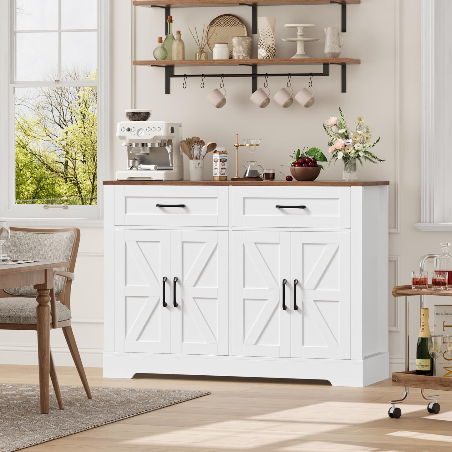 BOTLOG 47.2" Farmhouse Buffet Cabinet with Storage, Sideboard Cabinet with Drawers, Kitchen Storage Cabinet with Shelves for Living Room, Entryway, Rustic White