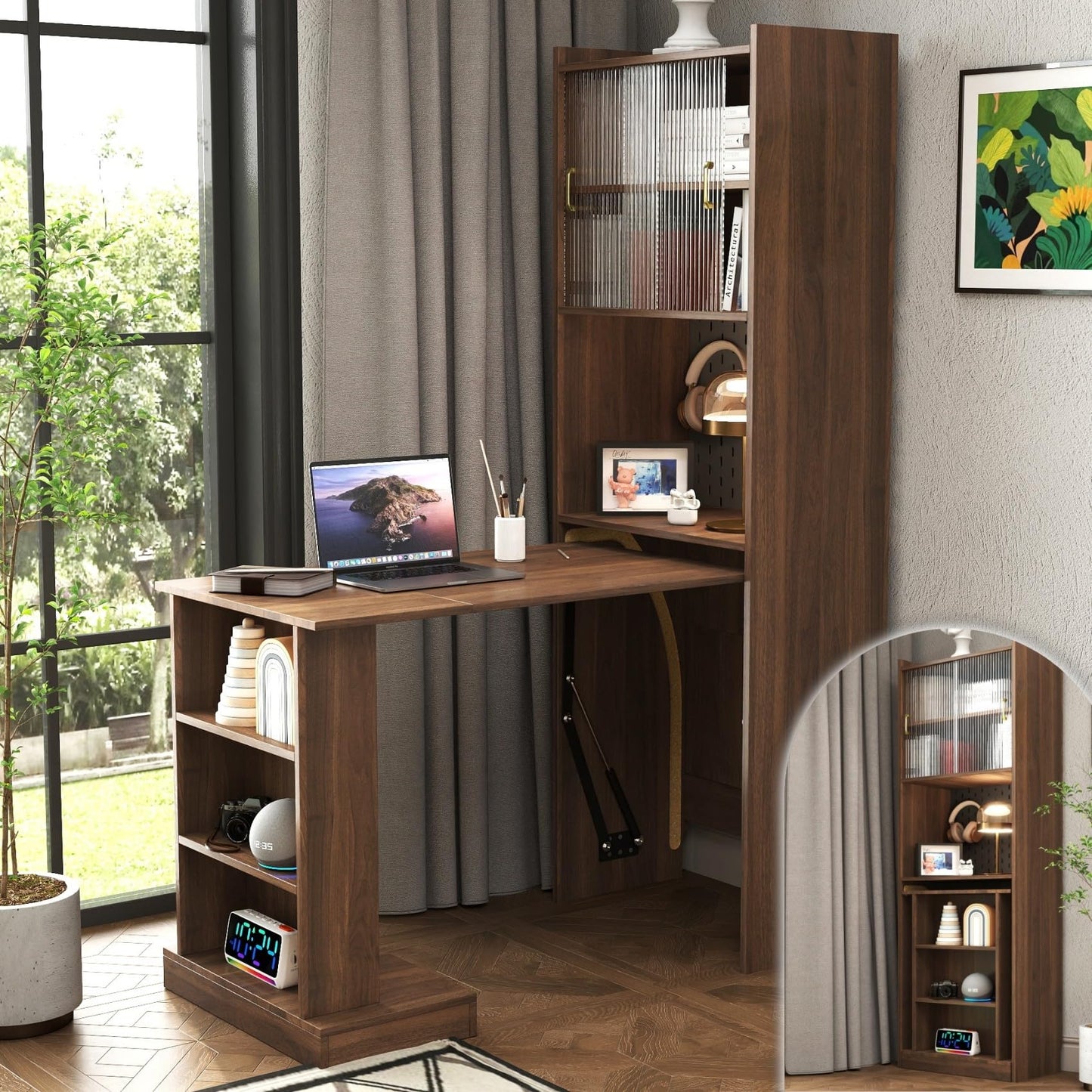 KEIKI Folding Home Office Desks with Pegboard, Glass Doors, Bookshelf & Storage Shelves, Modern Wooden Computer Table Workstation for Work, Study, Writing